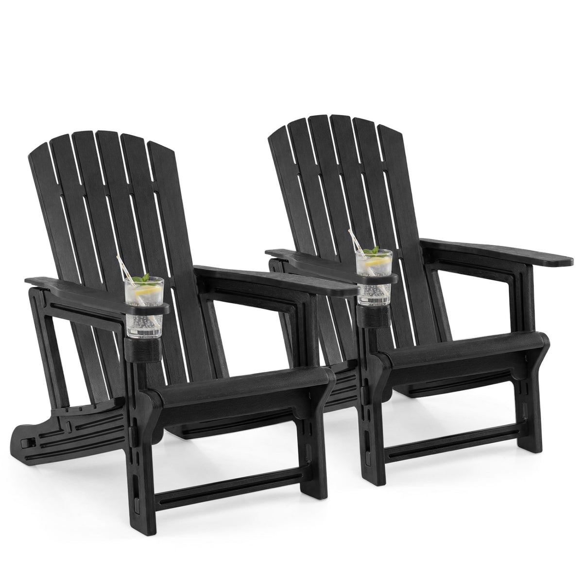Set of 2 HDPE Adirondack Chair with Cup Holder and Wood-Like Texture for Garden