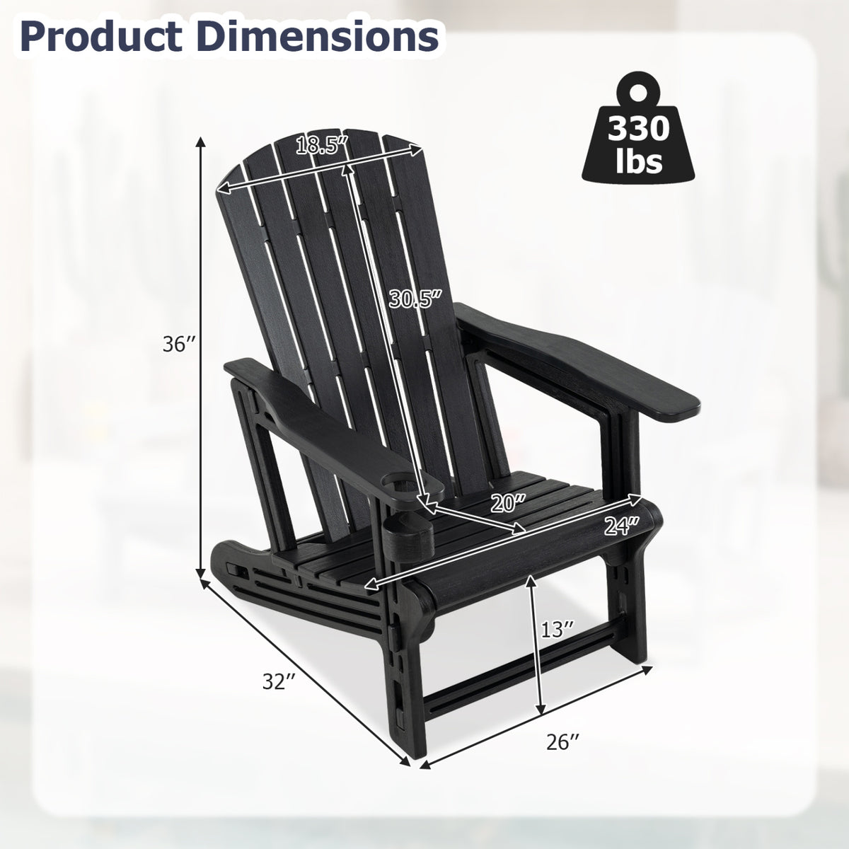 Set of 2 HDPE Adirondack Chair with Cup Holder and Wood-Like Texture for Garden