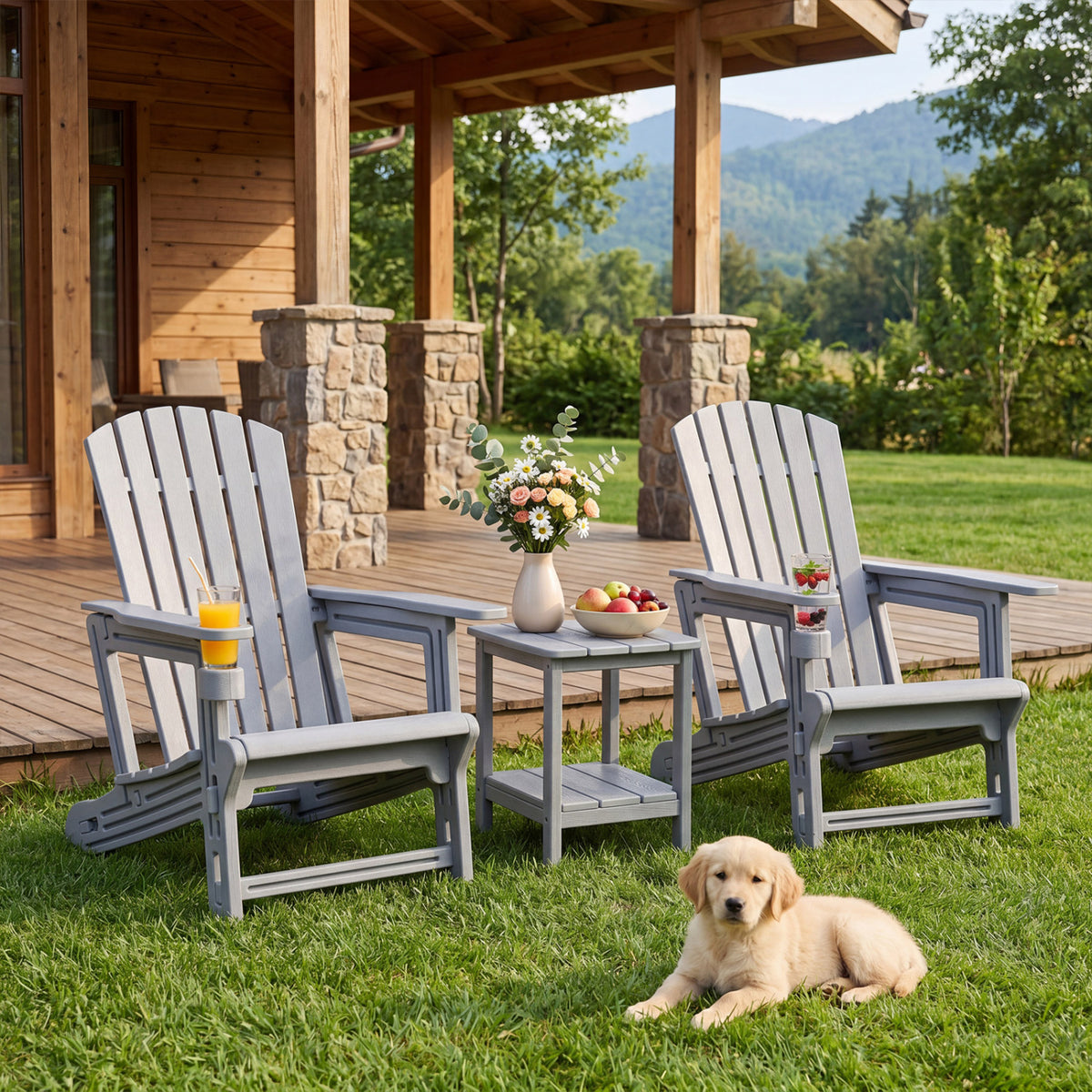 Set of 2 HDPE Adirondack Chair with Cup Holder and Wood-Like Texture for Garden