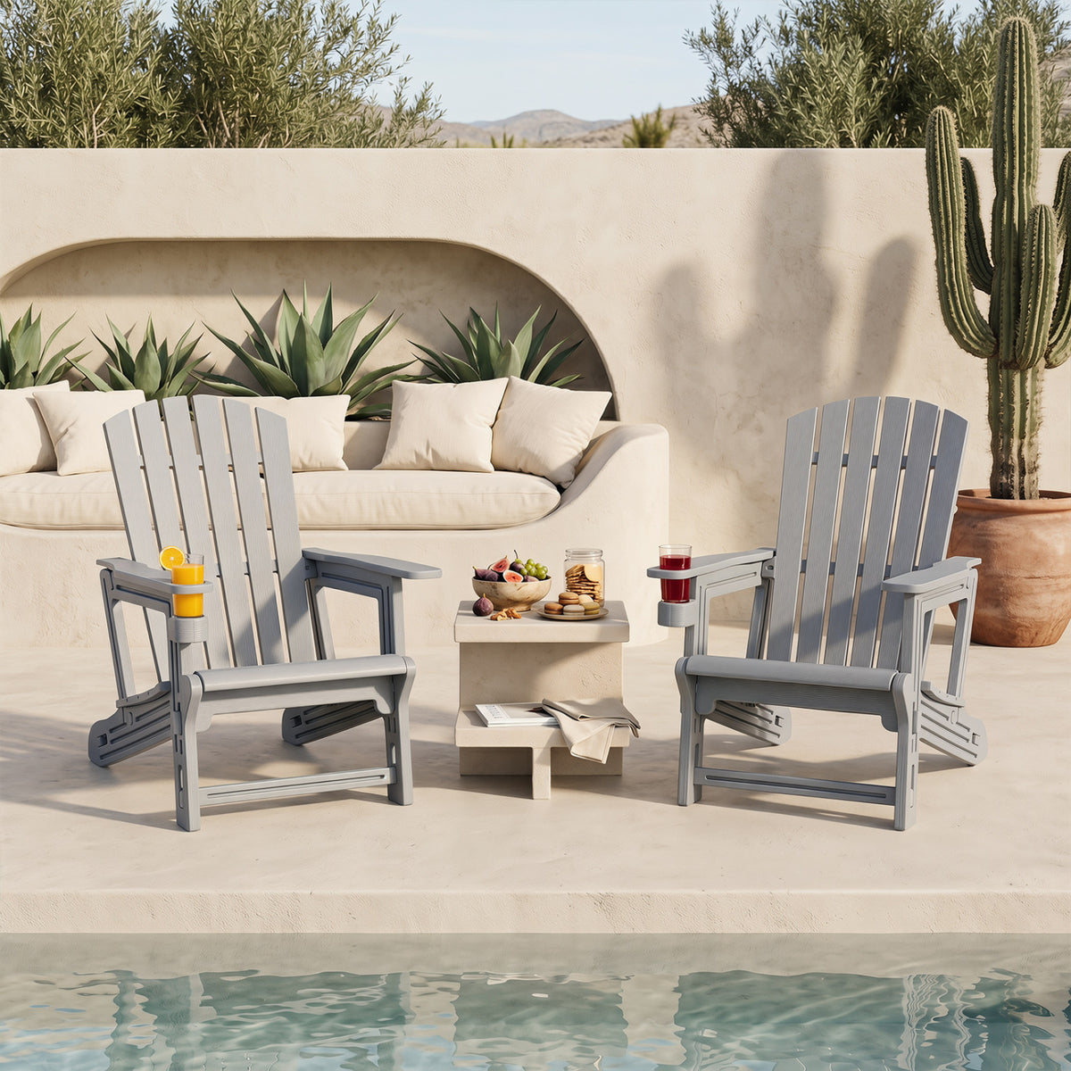 Set of 2 HDPE Adirondack Chair with Cup Holder and Wood-Like Texture for Garden