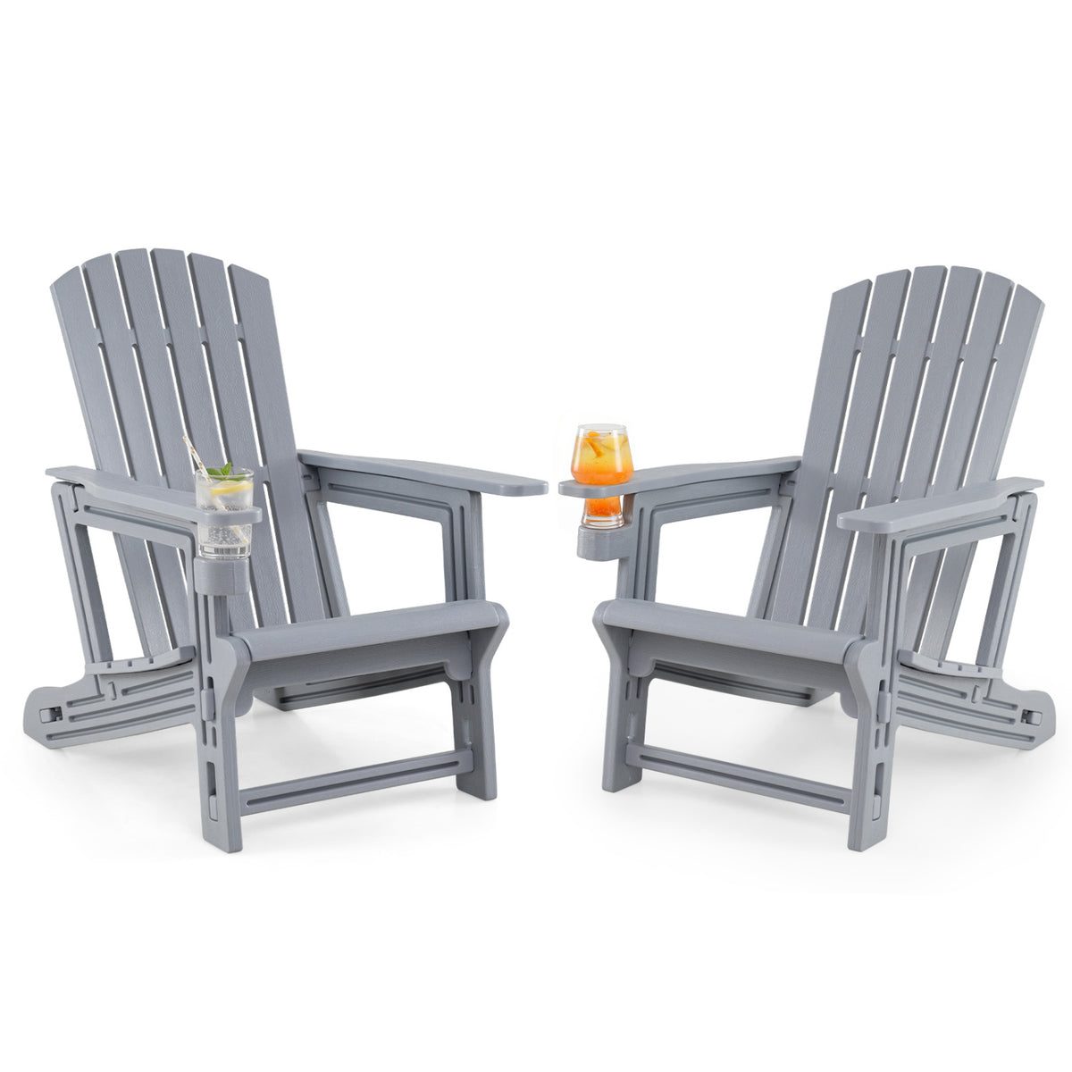 Set of 2 HDPE Adirondack Chair with Cup Holder and Wood-Like Texture for Garden