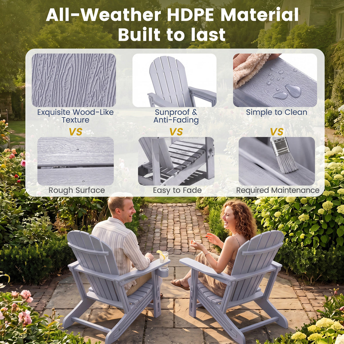 Set of 2 HDPE Adirondack Chair with Cup Holder and Wooden Texture for Patio