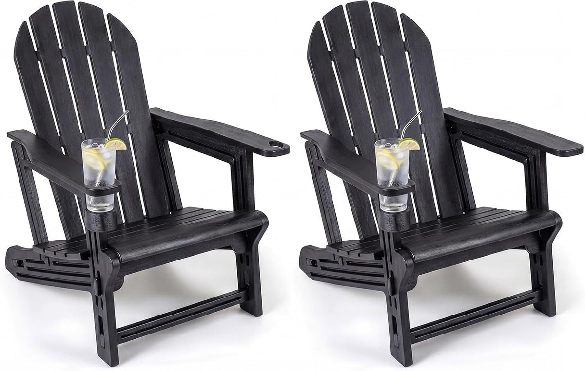 Set of 2 HDPE Adirondack Chair with Cup Holder and Wooden Texture for Patio