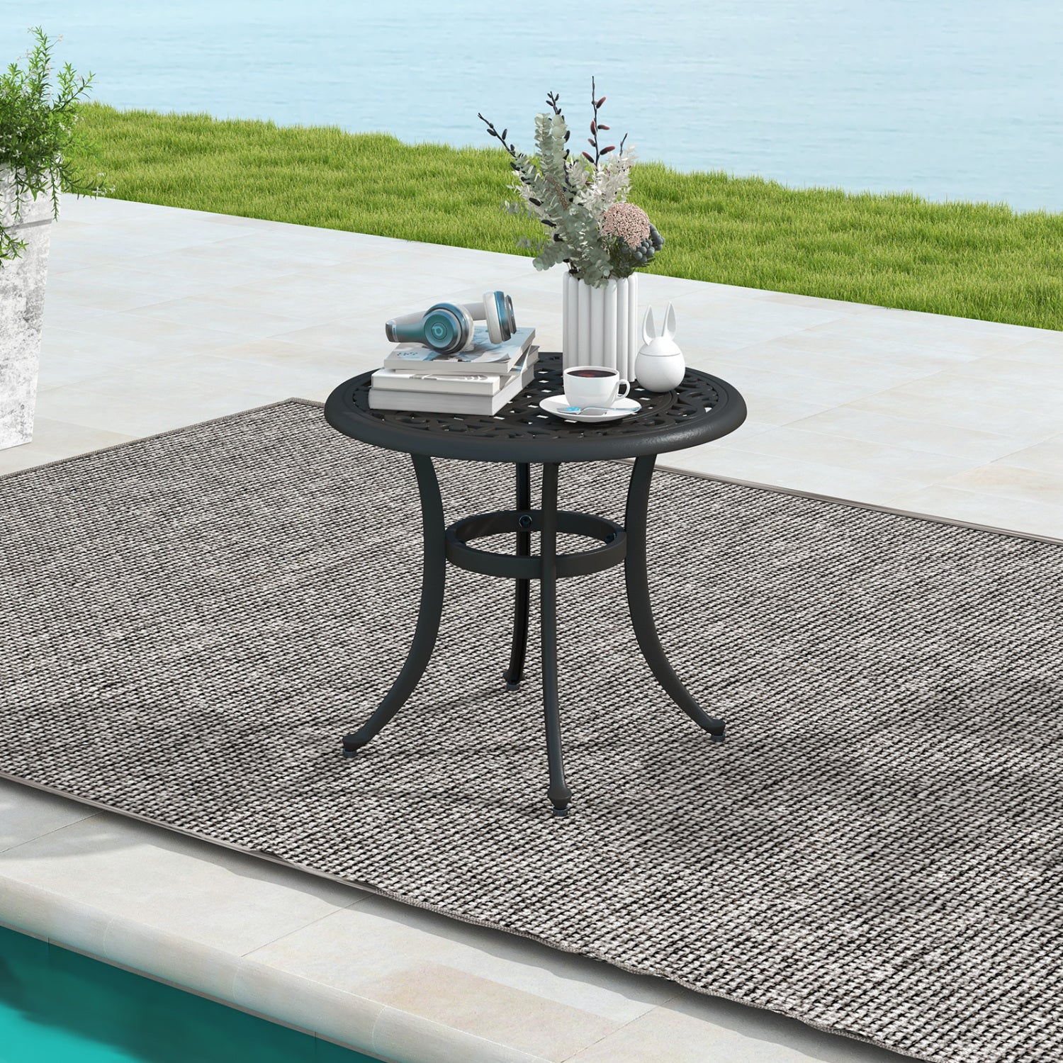 Set of 2 Heavy-Duty Outdoor Aluminum Side Table with Adjustable Footpads for Patio-Antique Brown