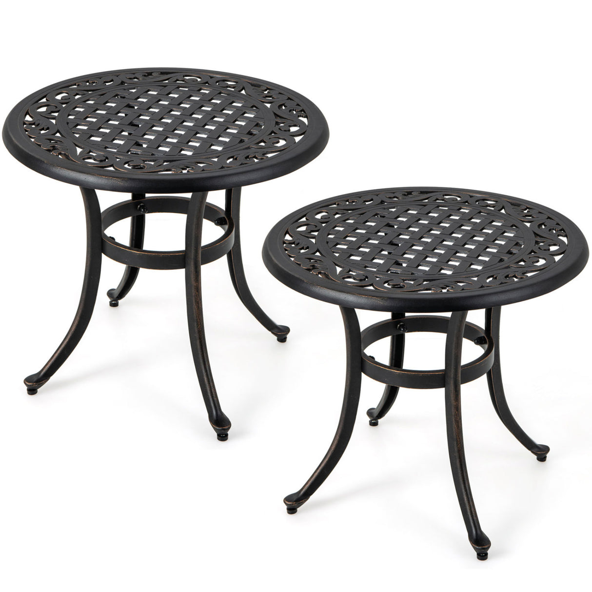 Set of 2 Heavy-Duty Outdoor Aluminum Side Table with Adjustable Footpads for Patio-Antique Brown