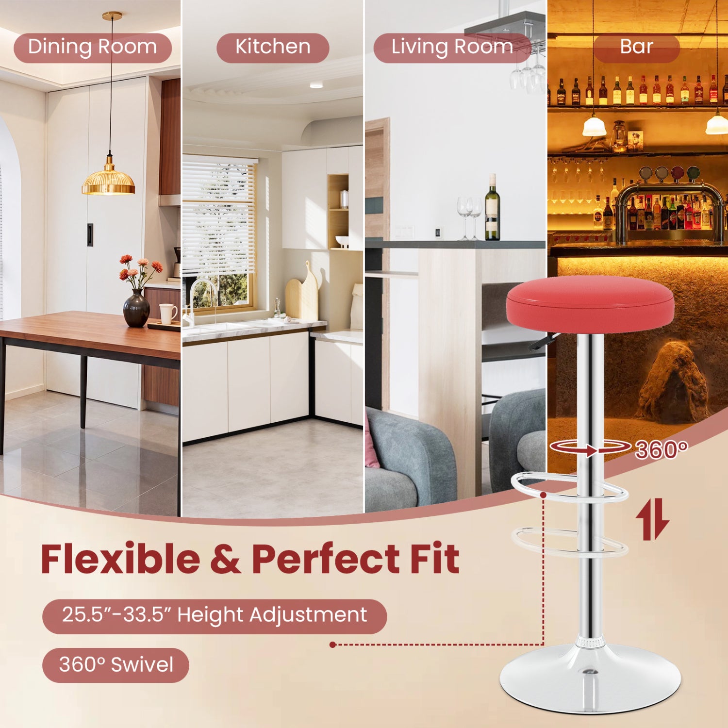 Set of 2 Height-adjustable Swivel Bar Stool with 360° Swivel bar stool-Red