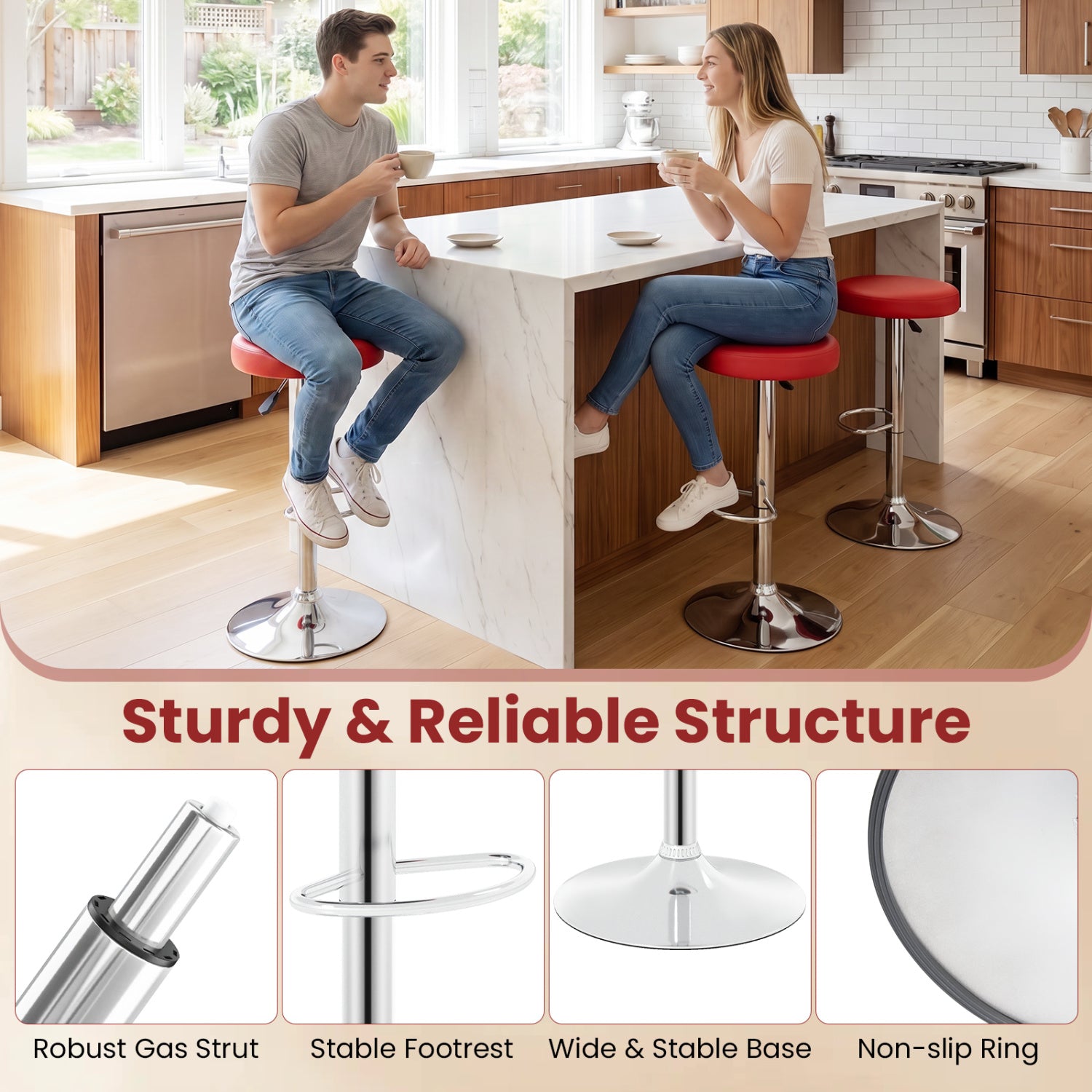 Set of 2 Height-adjustable Swivel Bar Stool with 360° Swivel bar stool-Red
