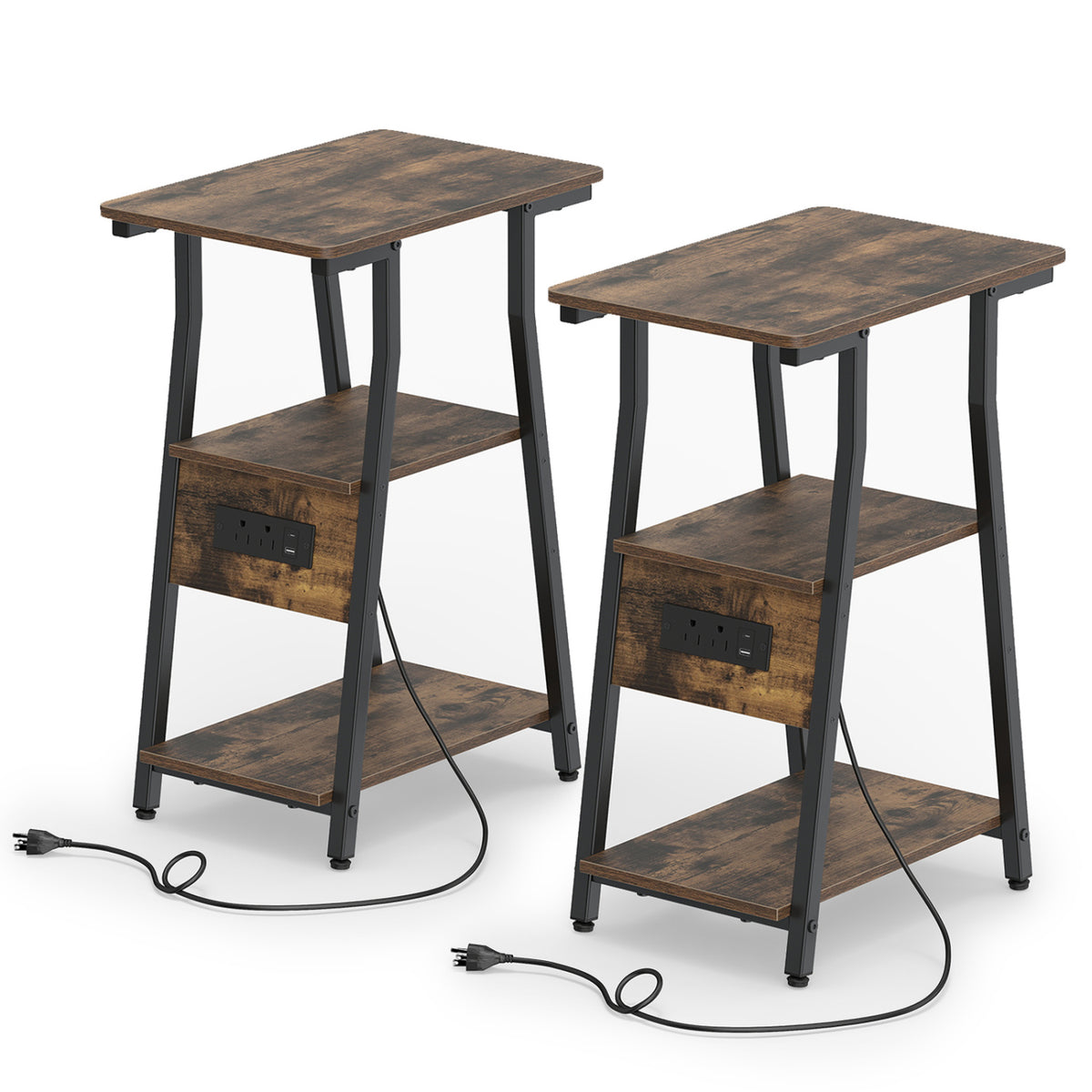 Set of 2 Industrial Side Tables with Charging Station & 3-Tier Shelves for Small Space-Rustic Brown