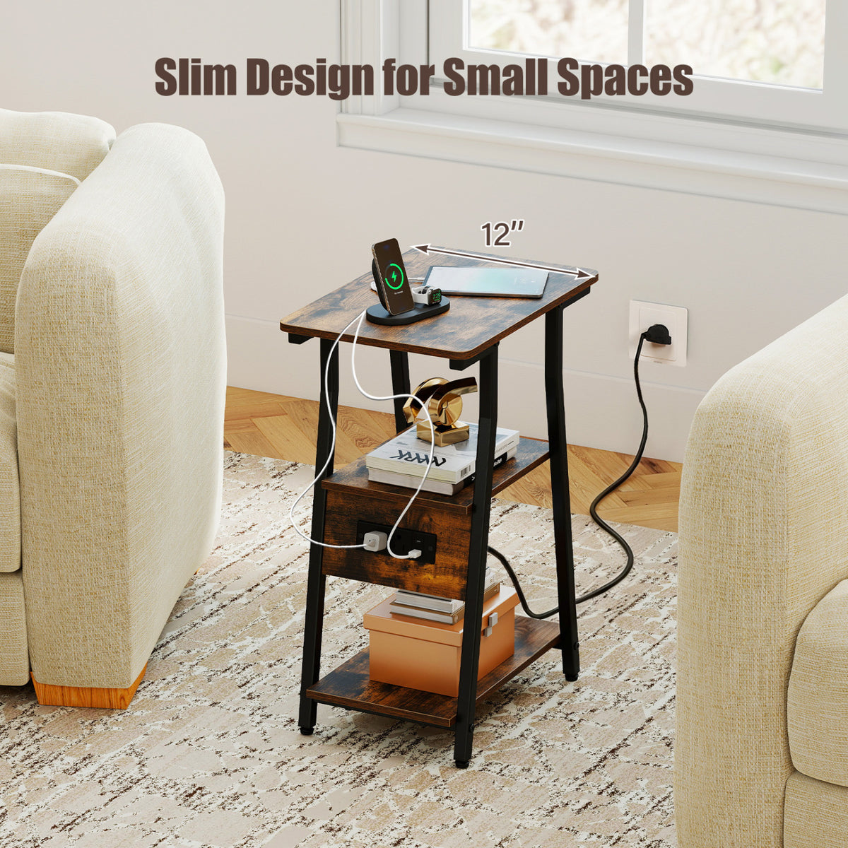 Set of 2 Industrial Side Tables with Charging Station & 3-Tier Shelves for Small Space-Rustic Brown
