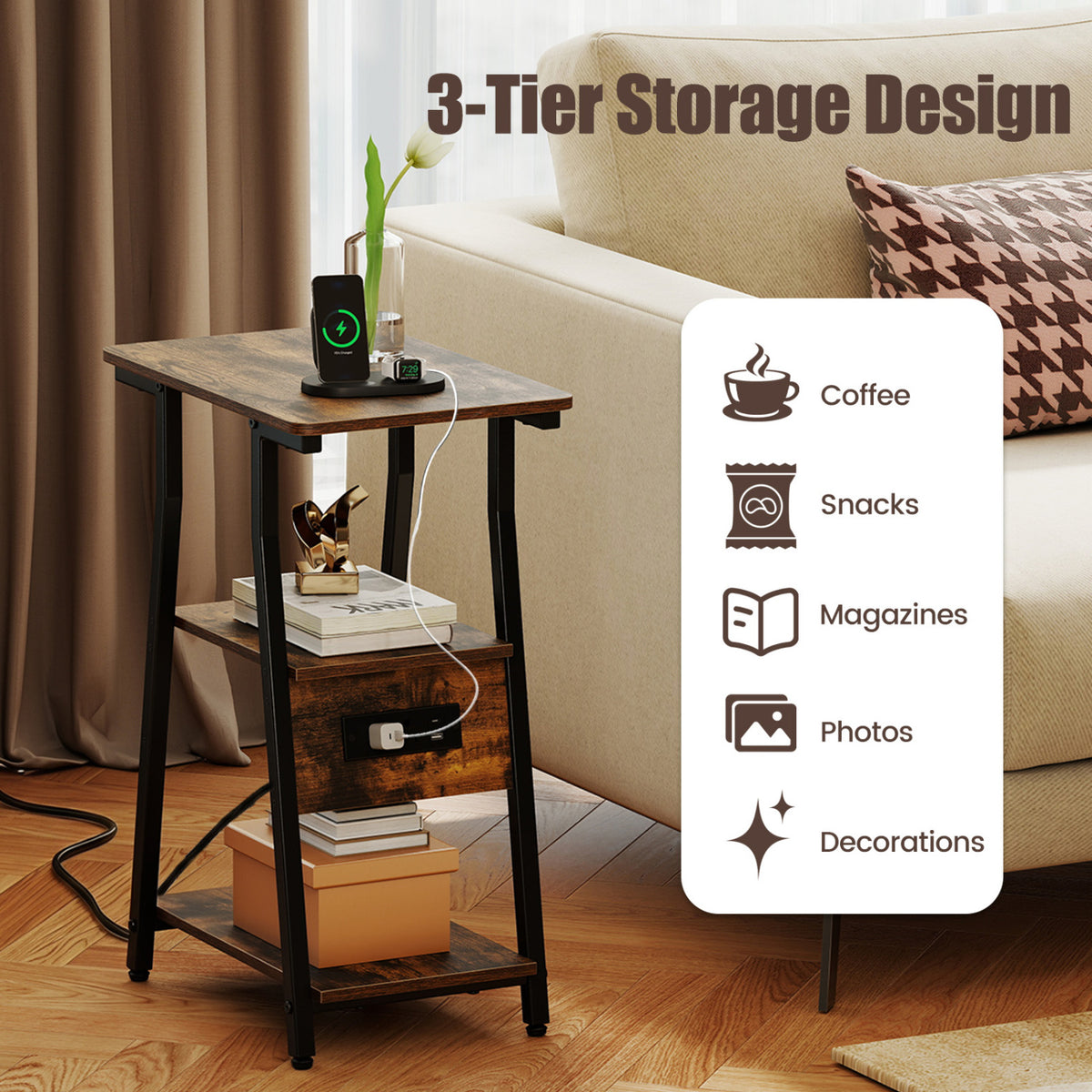 Set of 2 Industrial Side Tables with Charging Station & 3-Tier Shelves for Small Space-Rustic Brown