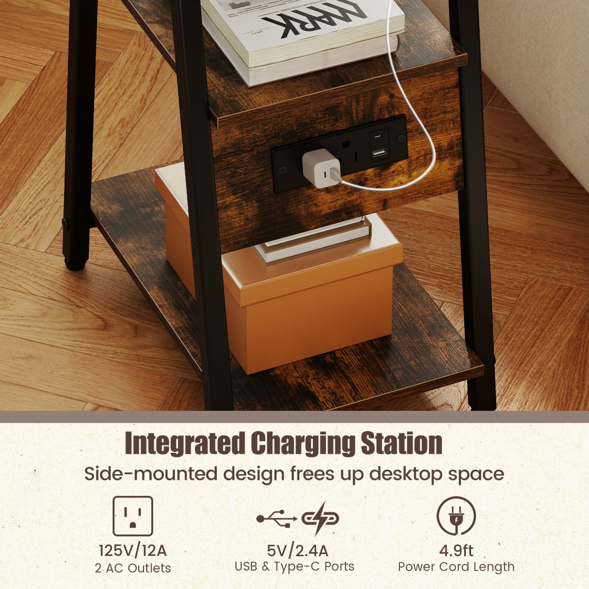 Set of 2 Industrial Side Tables with Charging Station & 3-Tier Shelves for Small Space-Rustic Brown