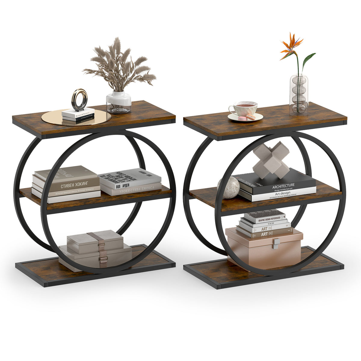 Set of 2 Industrial Faux Marble Side Table with Metal Frame for Small Spaces