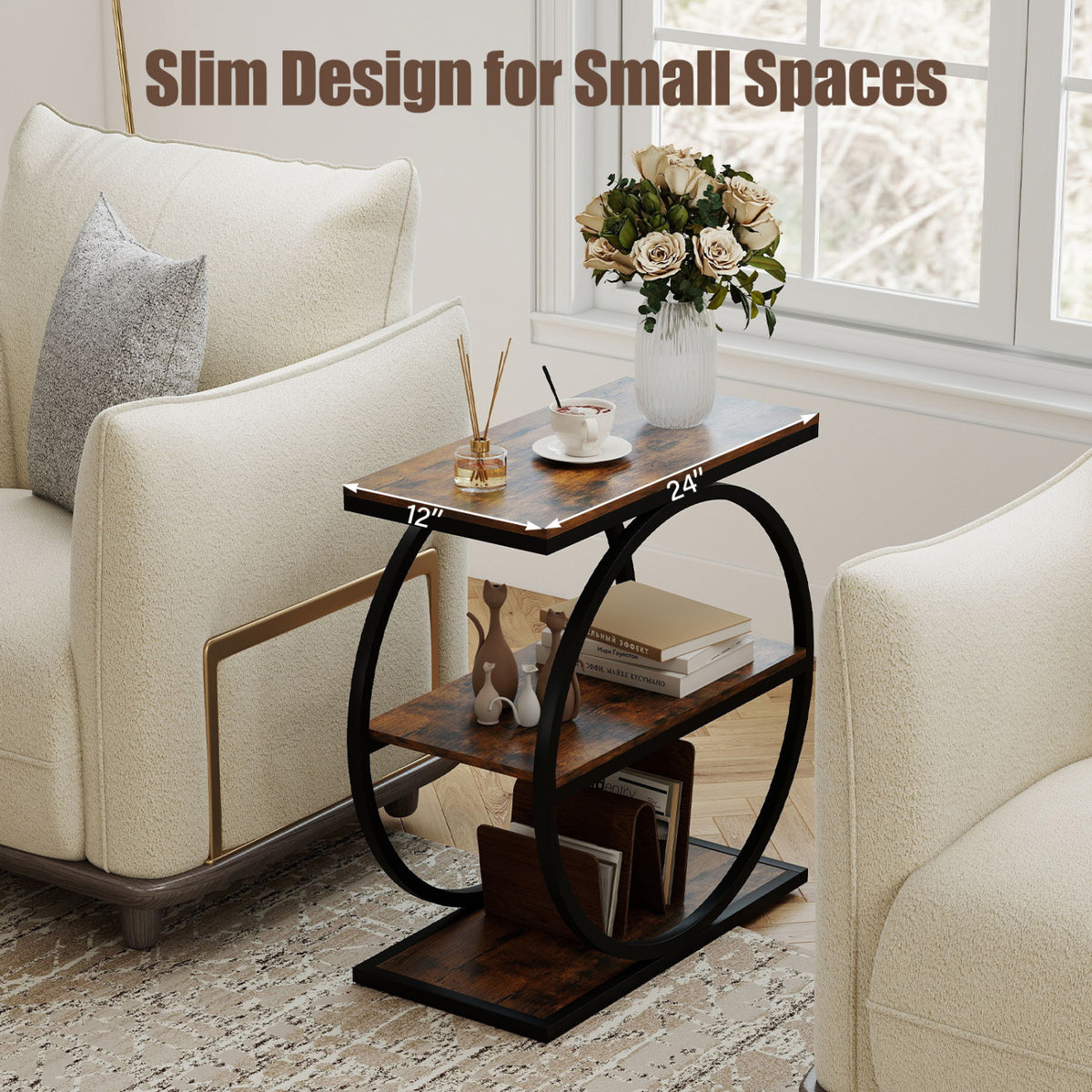 Set of 2 Industrial Faux Marble Side Table with Metal Frame for Small Spaces