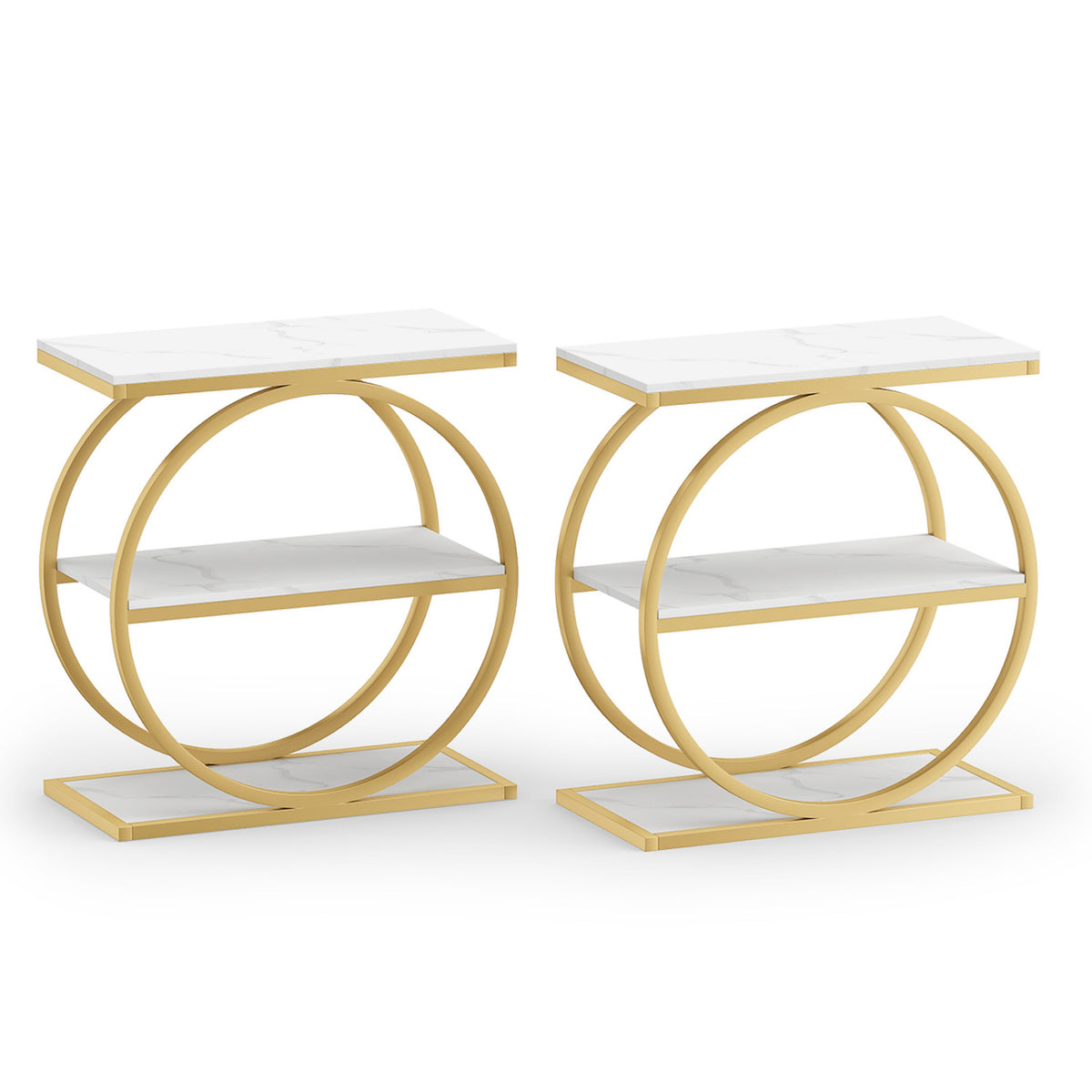 Set of 2 Industrial Faux Marble Side Table with Metal Frame for Small Spaces
