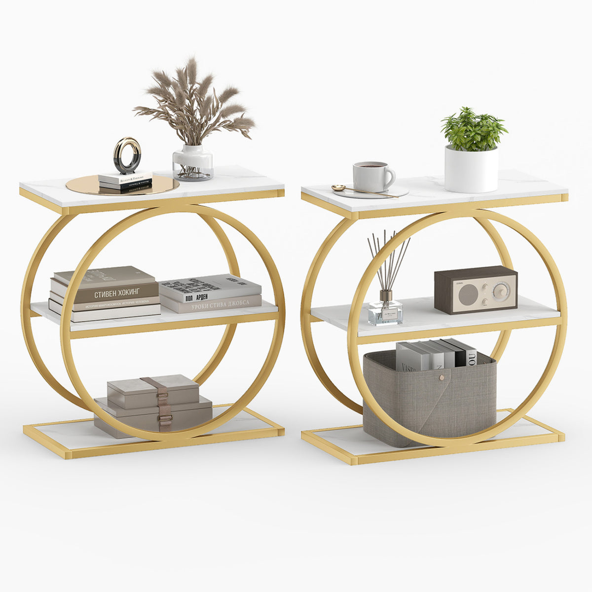 Set of 2 Industrial Faux Marble Side Table with Metal Frame for Small Spaces