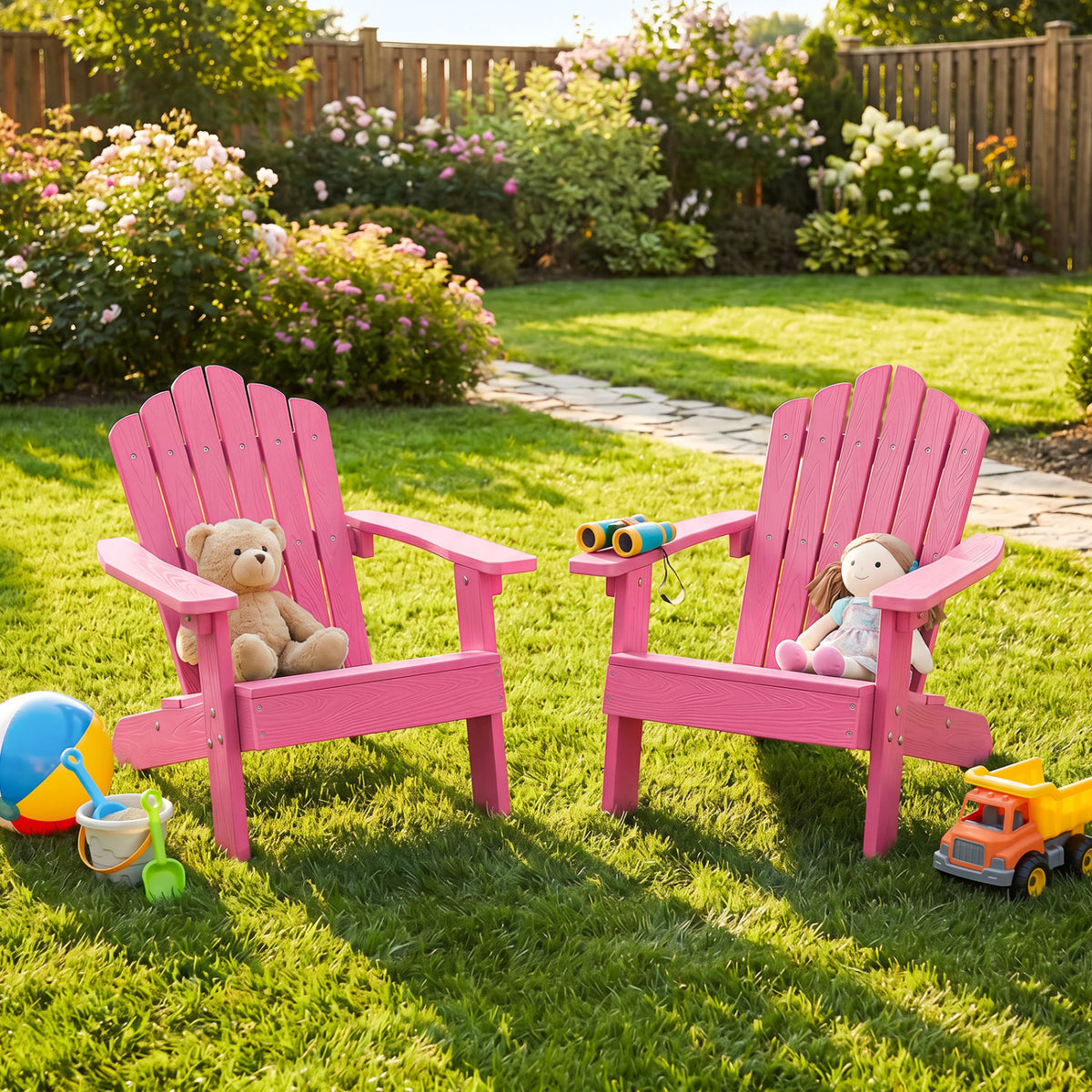 Set of 2 Kids Adirondack Chairs All-weather Outdoor Chairs for Children with Tilted High Backrest