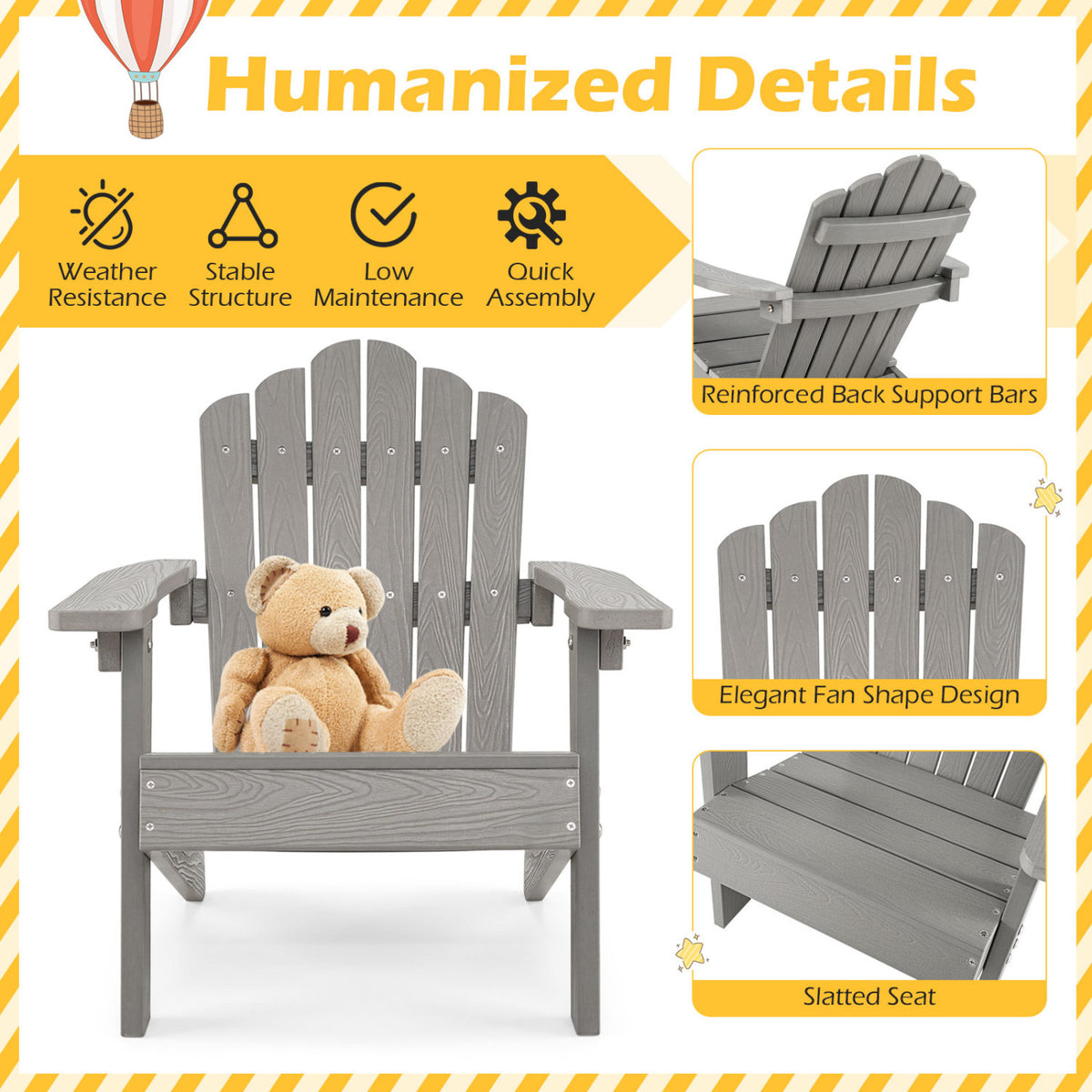 Set of 2 Kids Adirondack Chairs All-weather Outdoor Chairs for Children with Tilted High Backrest