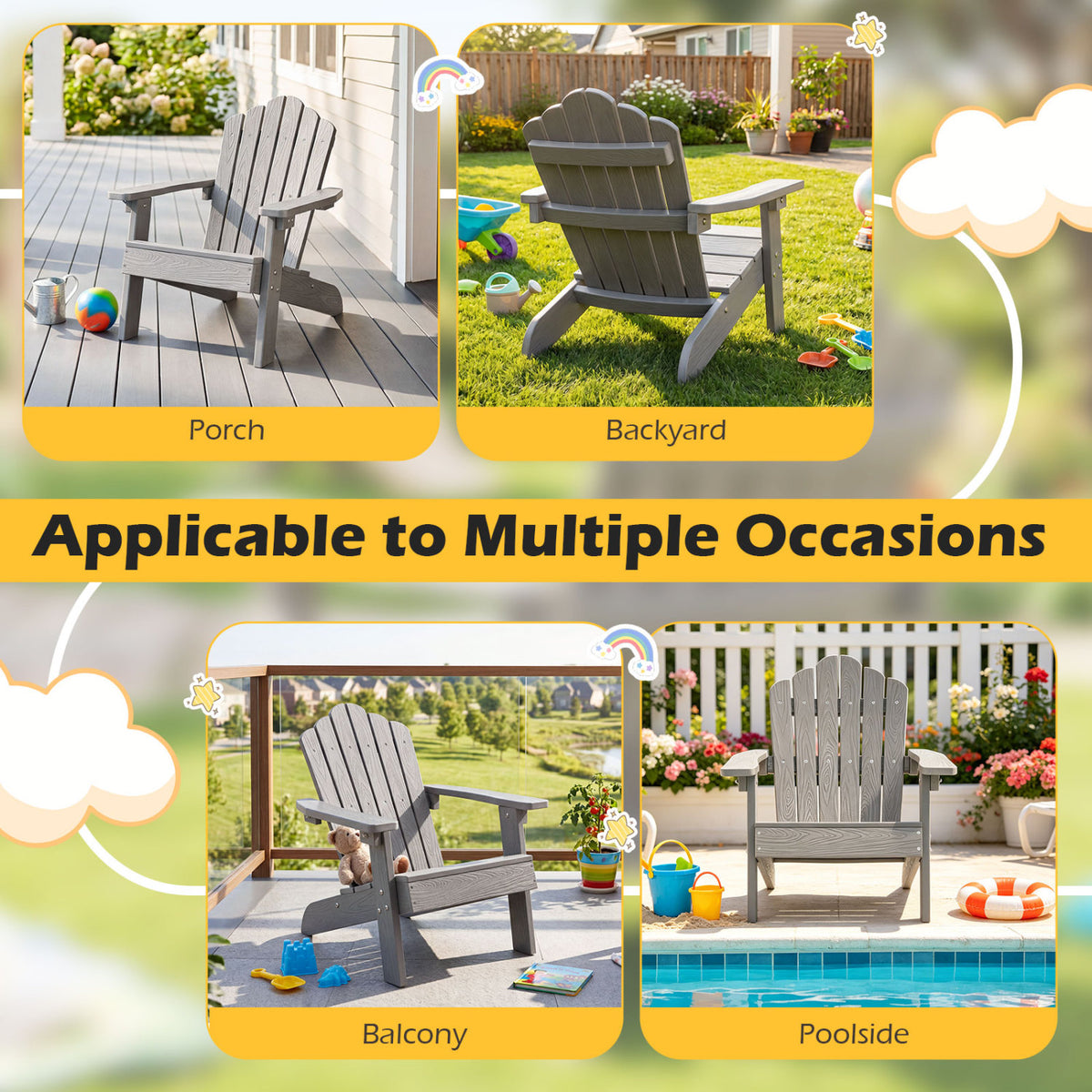 Set of 2 Kids Adirondack Chairs All-weather Outdoor Chairs for Children with Tilted High Backrest