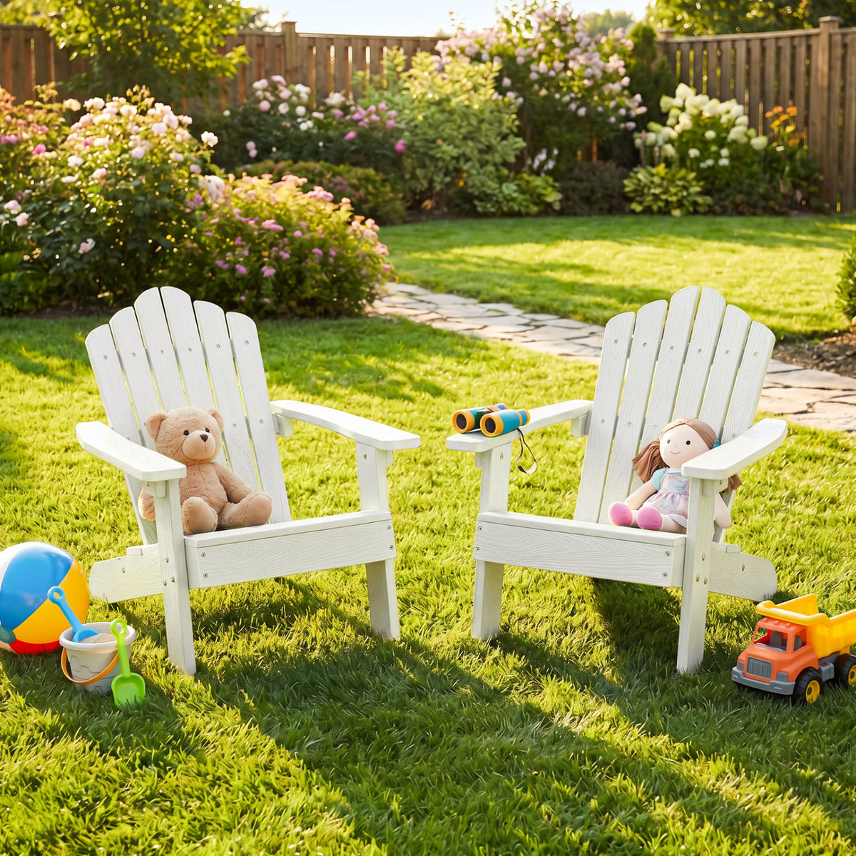 Set of 2 Kids Adirondack Chairs All-weather Outdoor Chairs for Children with Tilted High Backrest