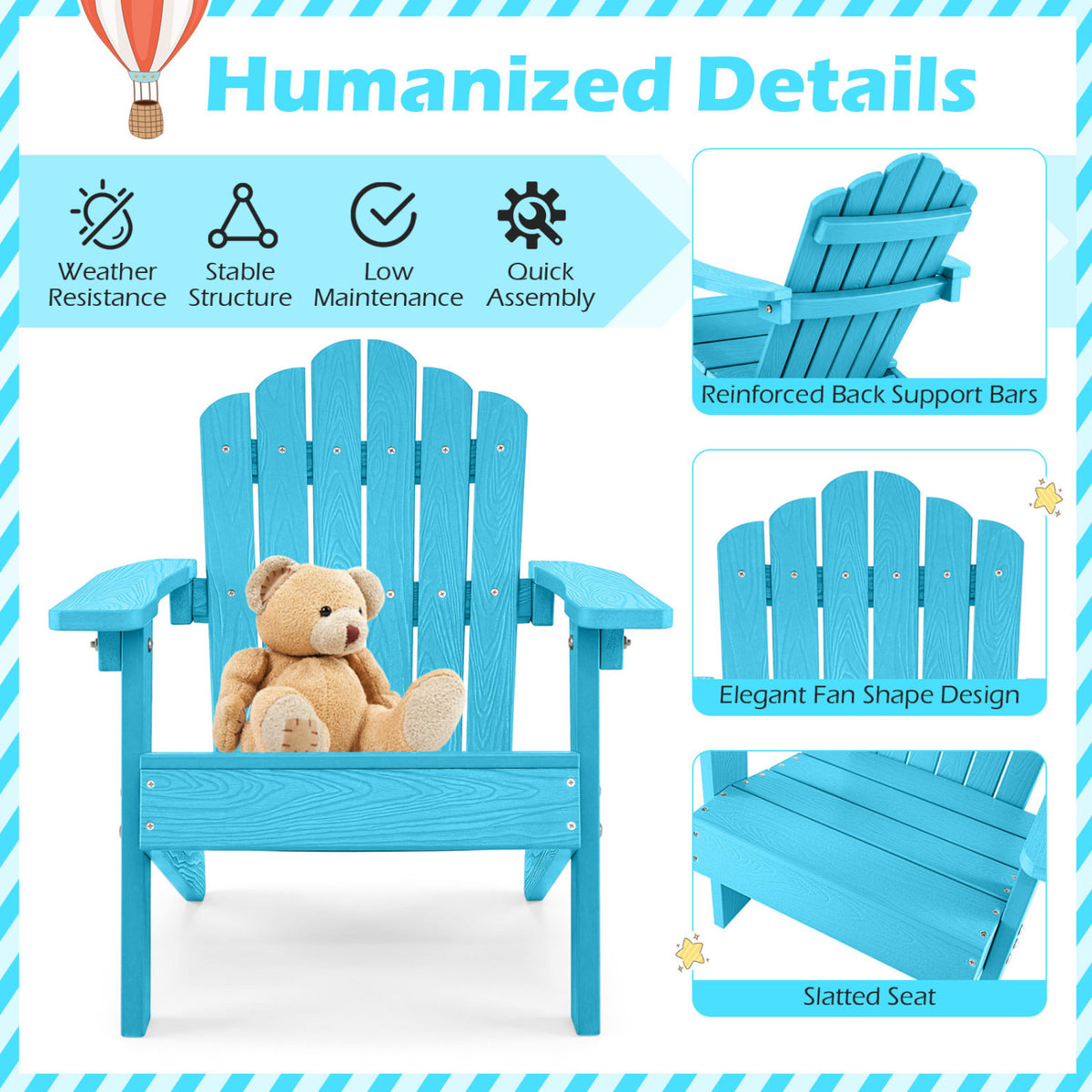 Set of 2 Kids Adirondack Chairs All-weather Outdoor Chairs for Children with Tilted High Backrest