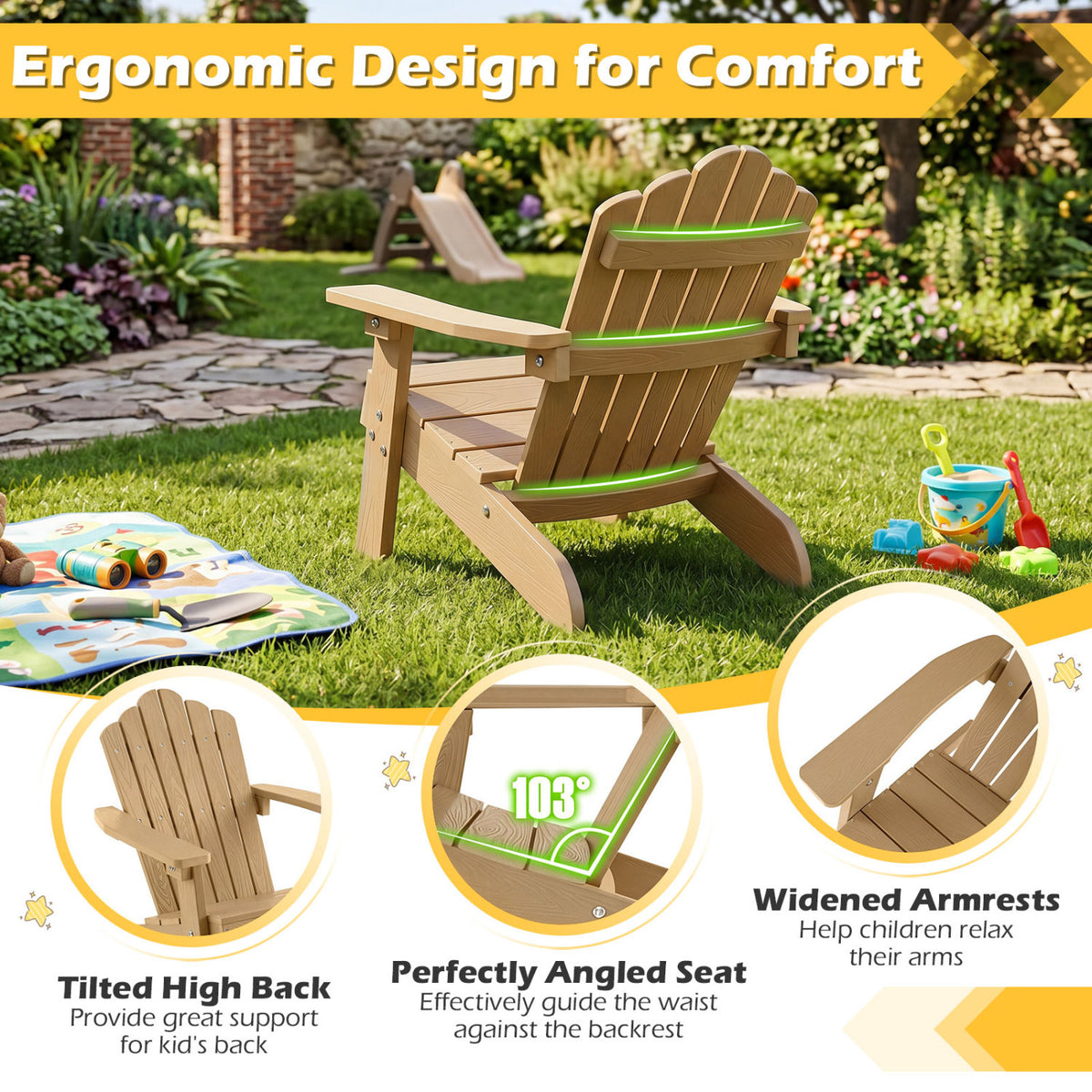 Set of 2 Kids Adirondack Chairs All-weather Outdoor Chairs for Children with Tilted High Backrest
