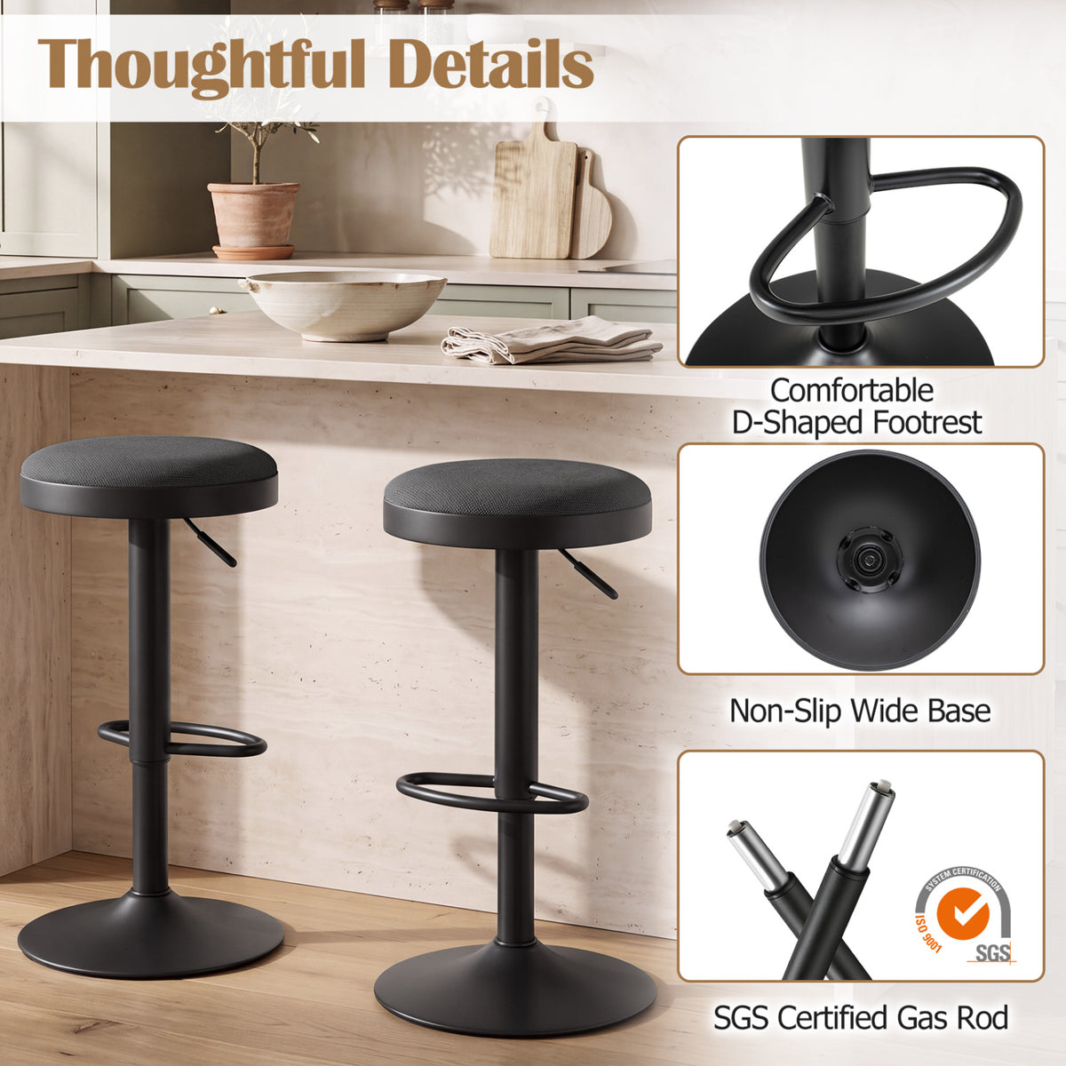 Set of 2 Kitchen Bar Stools with Height Adjustment Padded Seat and D-Shaped Footrest
