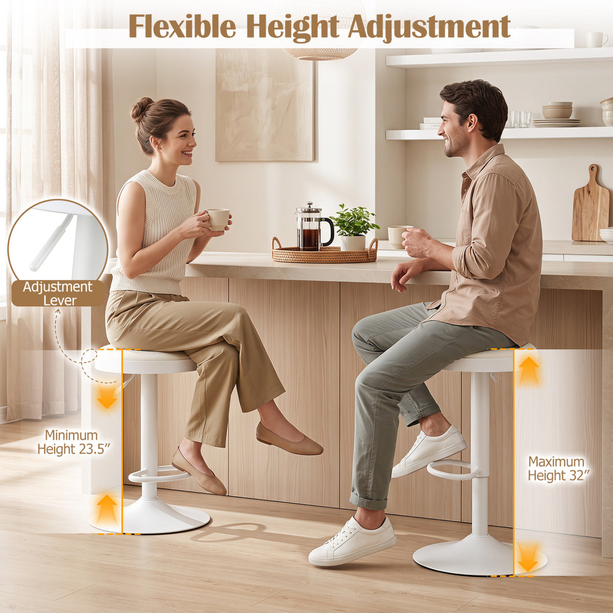 Set of 2 Kitchen Bar Stools with Height Adjustment Padded Seat and D-Shaped Footrest