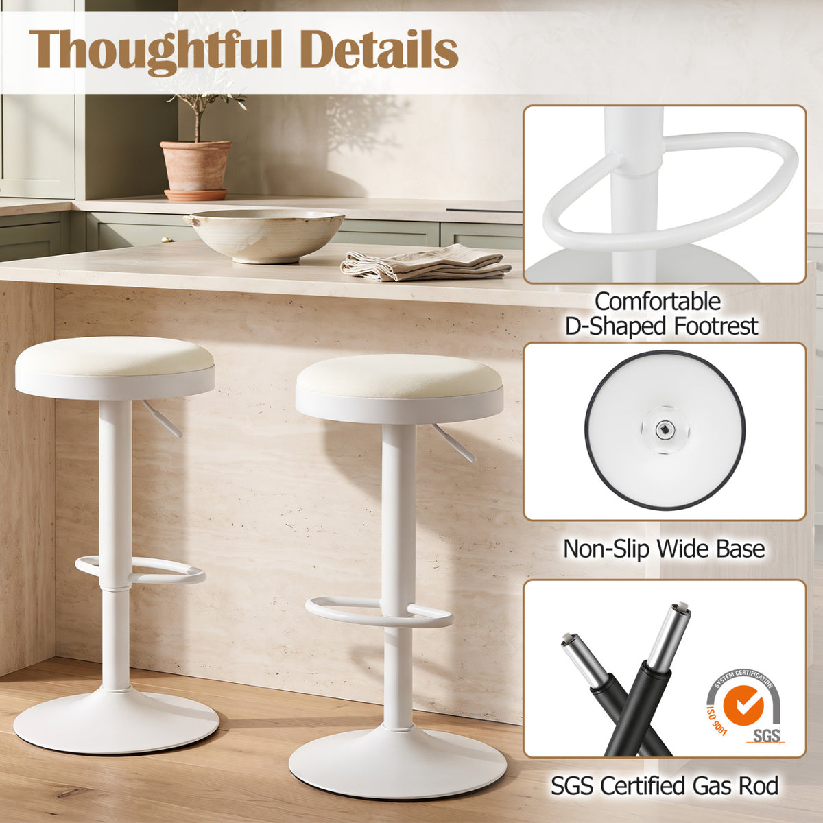 Set of 2 Kitchen Bar Stools with Height Adjustment Padded Seat and D-Shaped Footrest