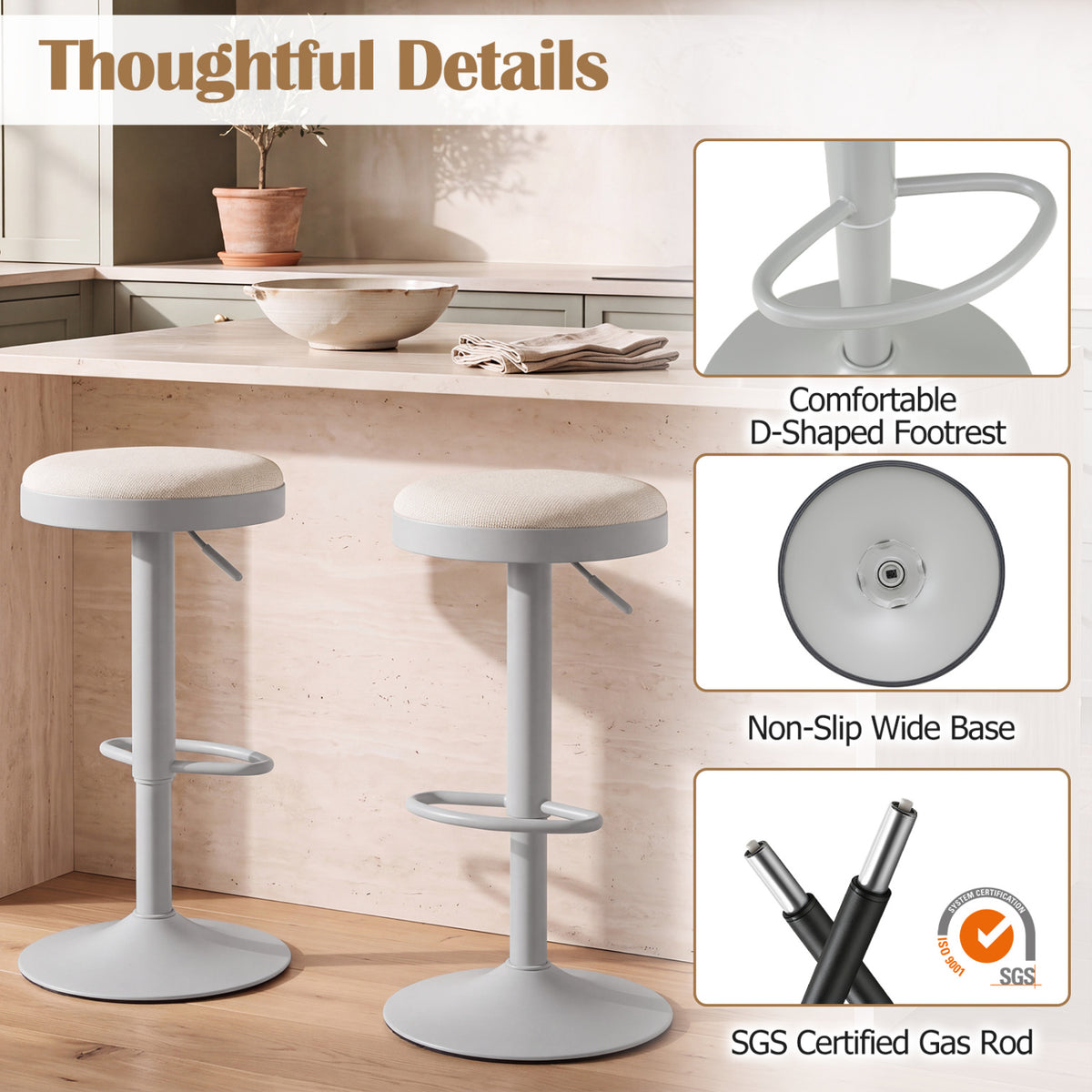Set of 2 Kitchen Bar Stools with Height Adjustment Padded Seat and D-Shaped Footrest