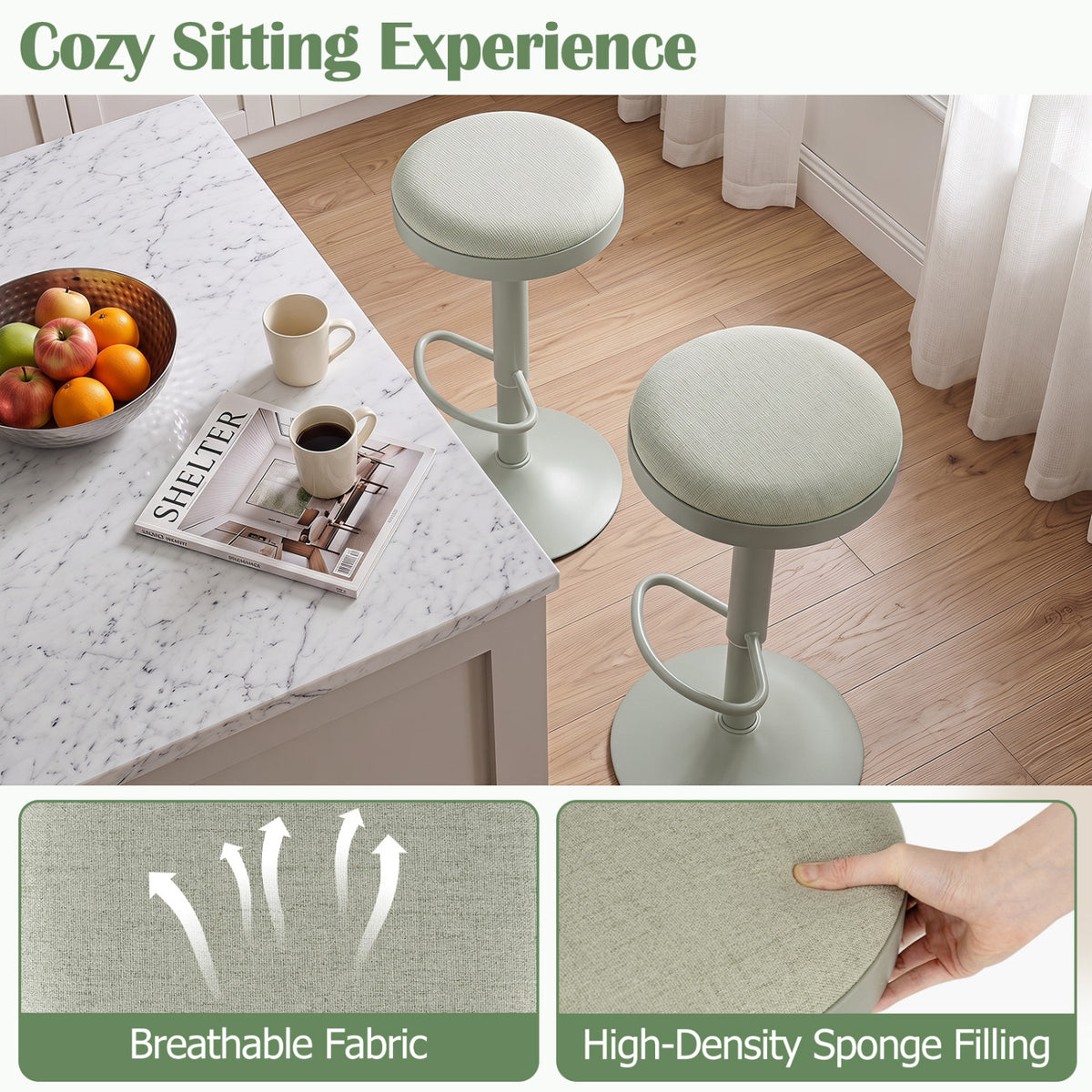 Set of 2 Kitchen Bar Stools with Height Adjustment Padded Seat and D-Shaped Footrest