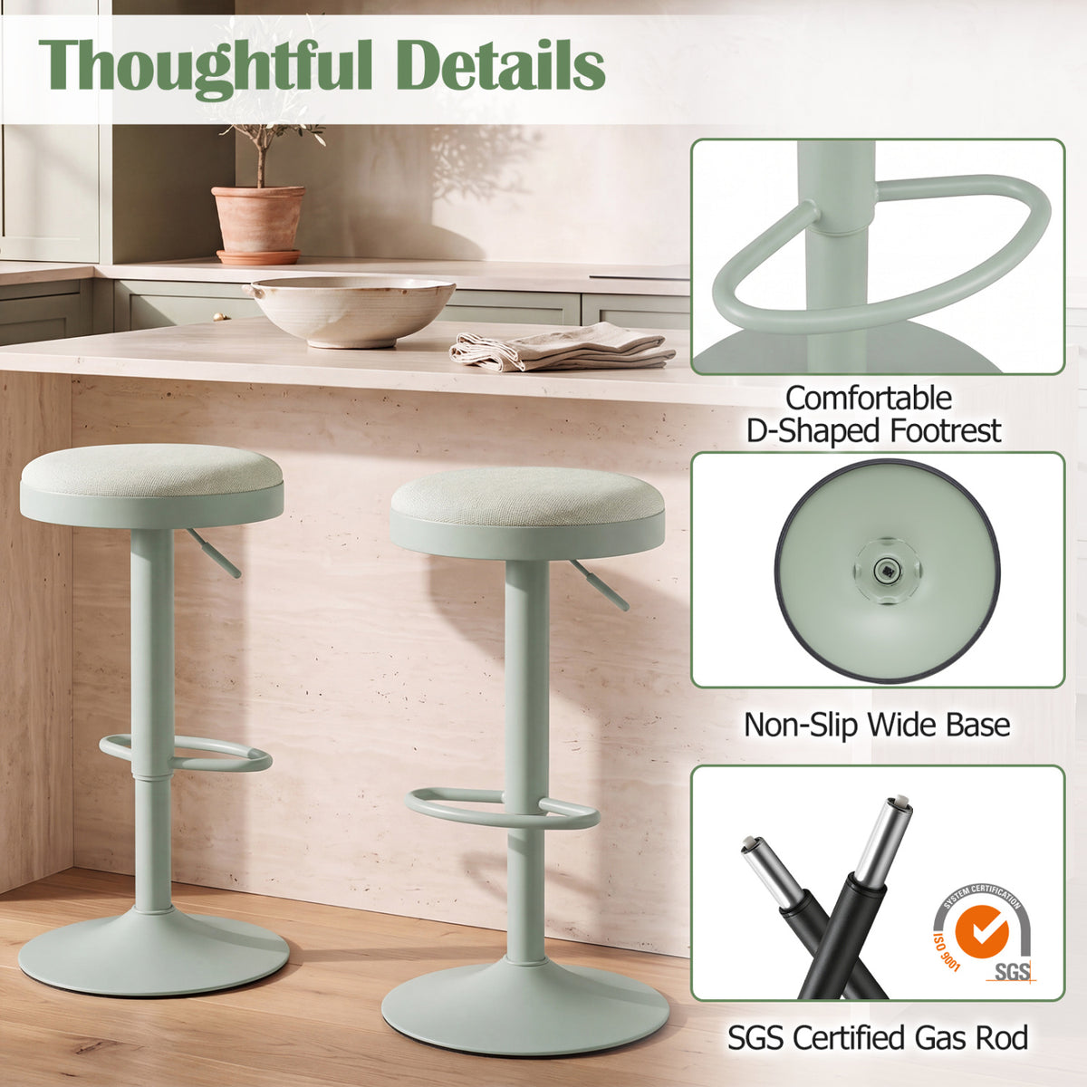 Set of 2 Kitchen Bar Stools with Height Adjustment Padded Seat and D-Shaped Footrest