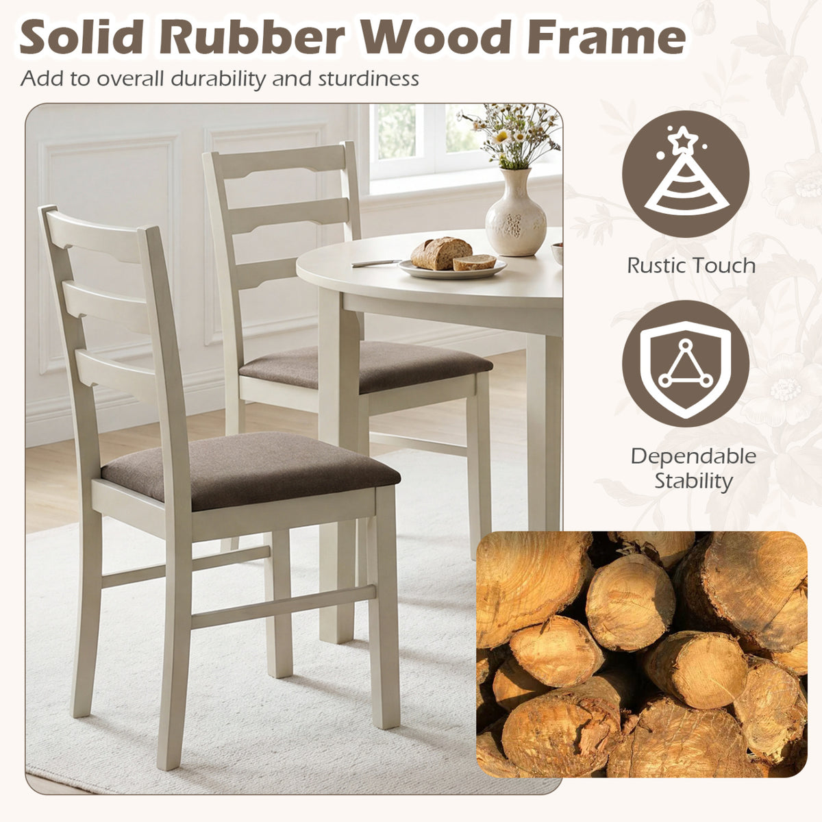 Set of 2 Linen Style Upholstered Dining Chairs with Wood Frames-White