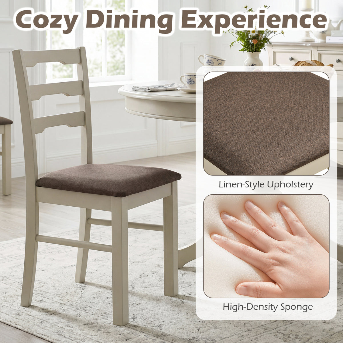Set of 2 Linen Style Upholstered Dining Chairs with Wood Frames-White