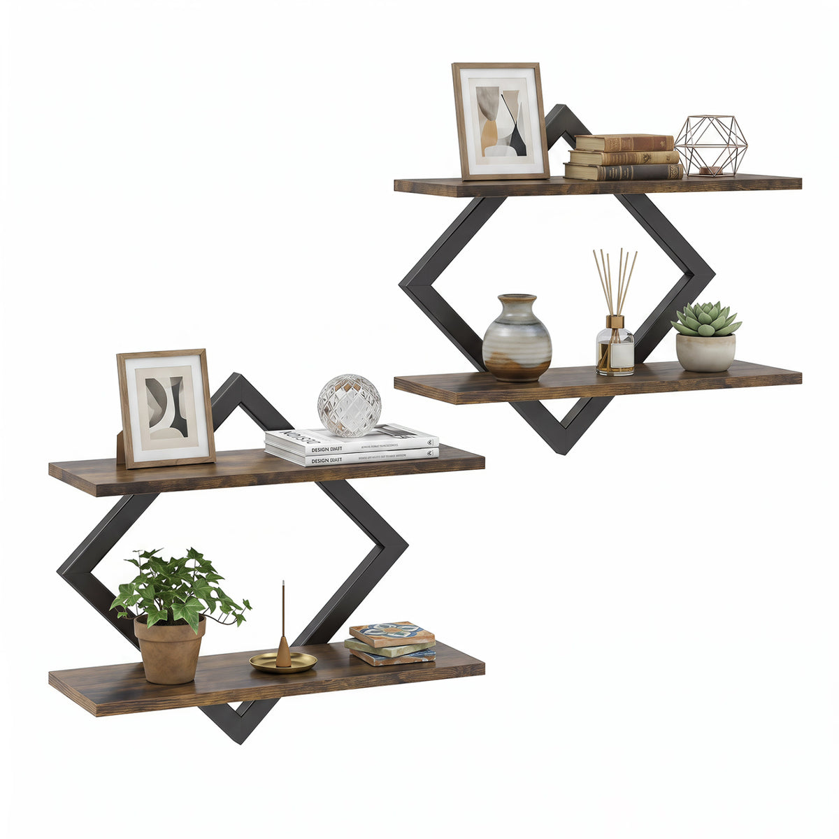 Set of 2 Metal Floating Shelves for Wall with Geometric Frame