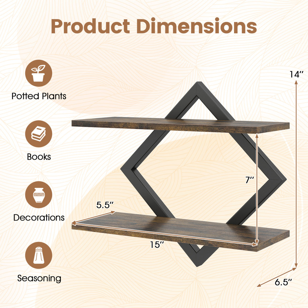 Set of 2 Metal Floating Shelves for Wall with Geometric Frame