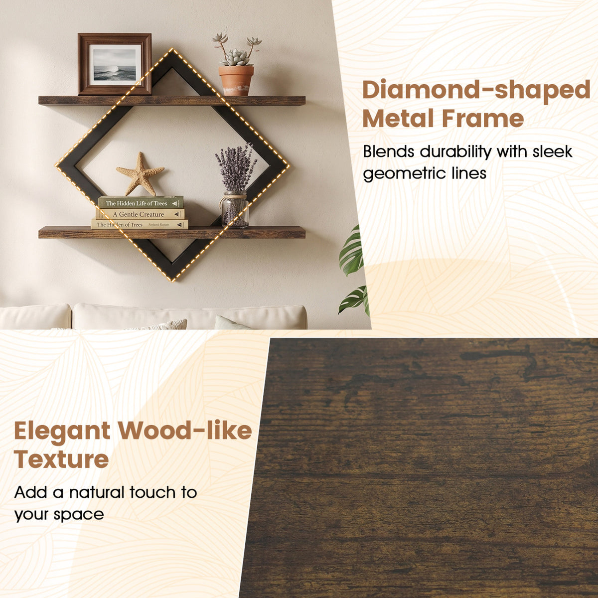 Set of 2 Metal Floating Shelves for Wall with Geometric Frame
