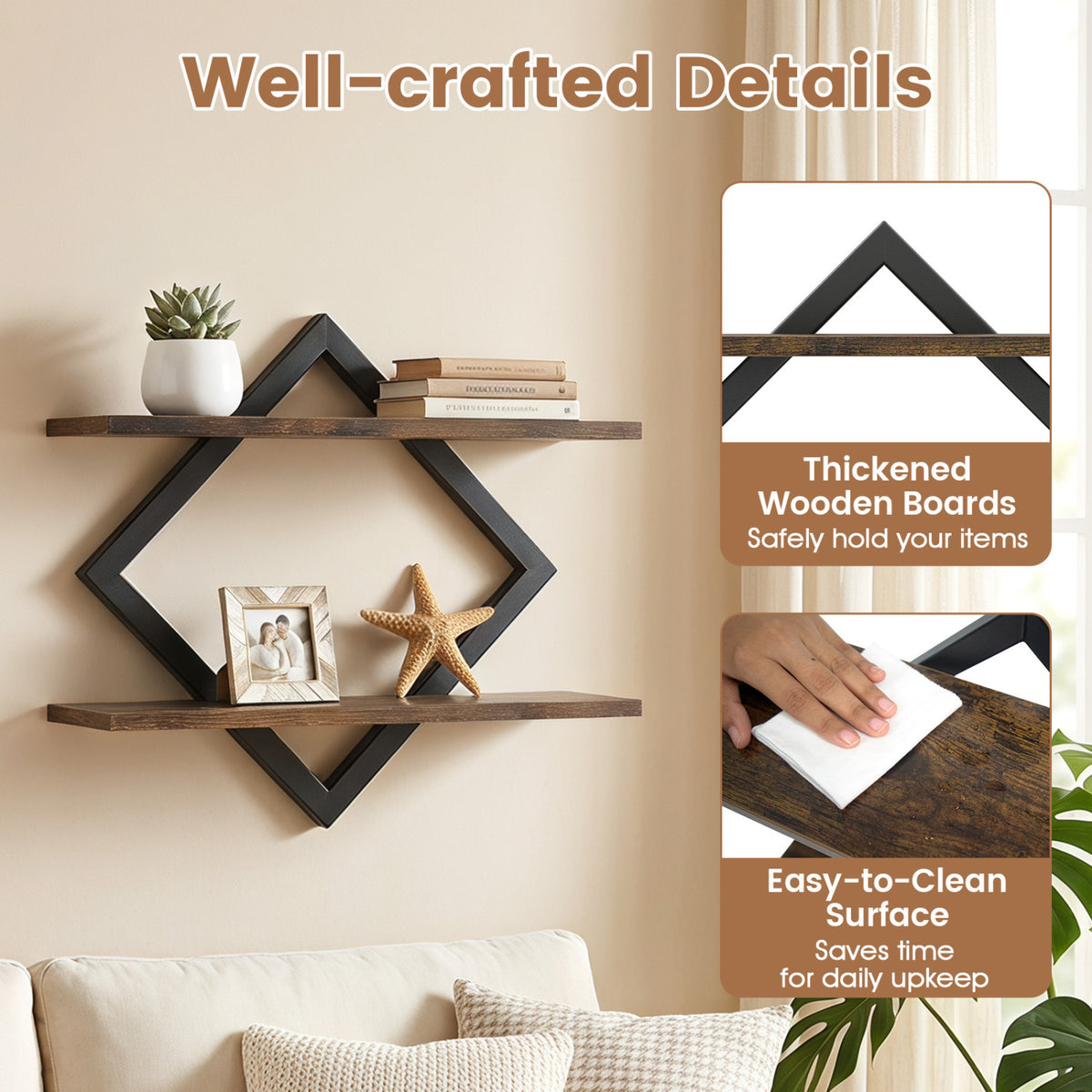 Set of 2 Metal Floating Shelves for Wall with Geometric Frame