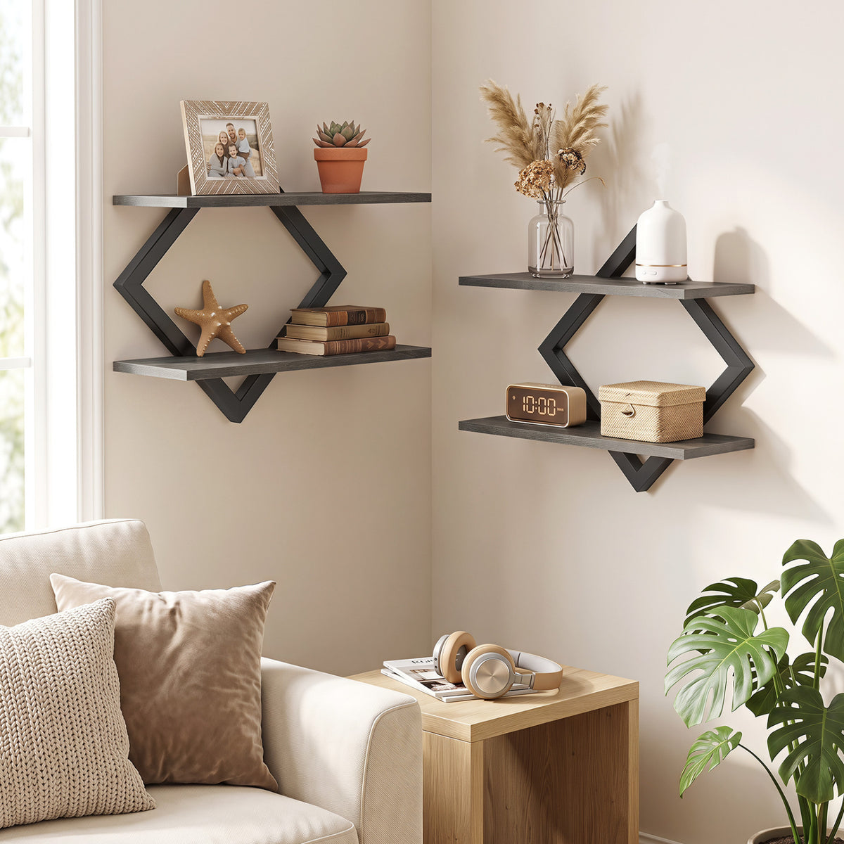 Set of 2 Metal Floating Shelves for Wall with Geometric Frame