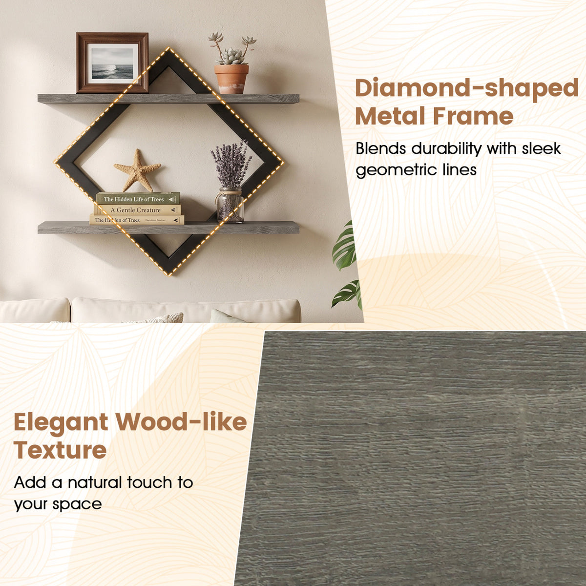 Set of 2 Metal Floating Shelves for Wall with Geometric Frame