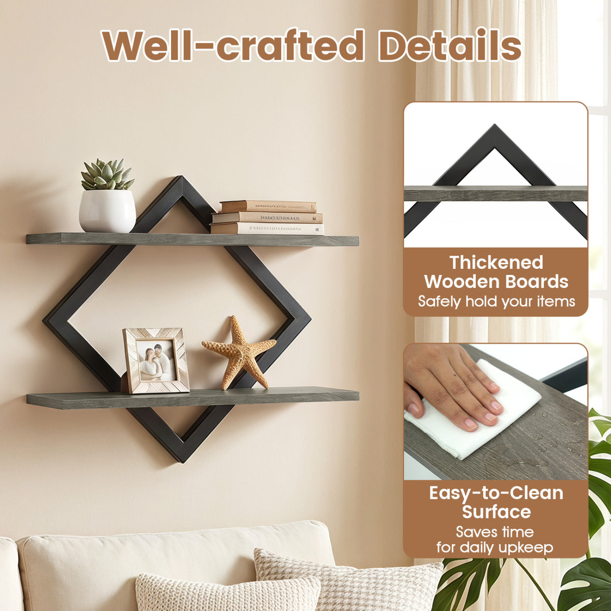 Set of 2 Metal Floating Shelves for Wall with Geometric Frame