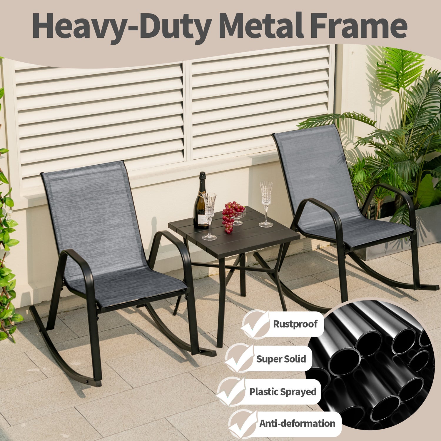 Set of 2 Heavy-Duty Metal Patio Rocking Chair with Breathable Seat Fabric