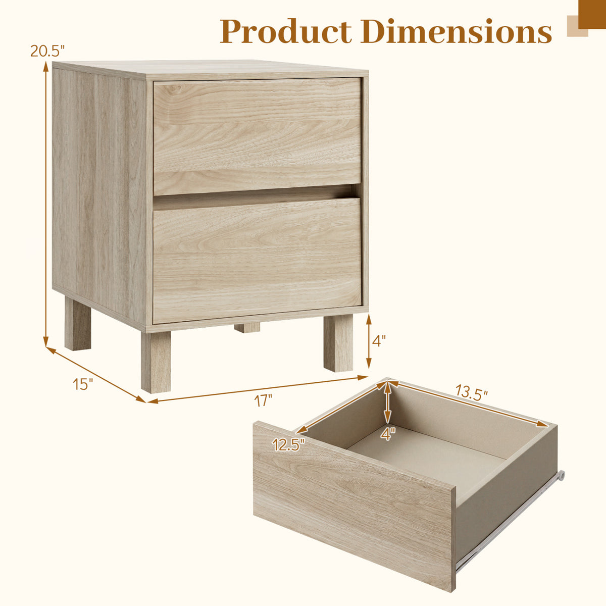 Set of 2 Modern Wooden End Table with 2 Storage Drawers-Natural