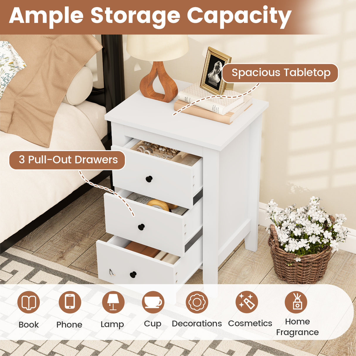Set of 2 Nightstand End Beside Table Drawers