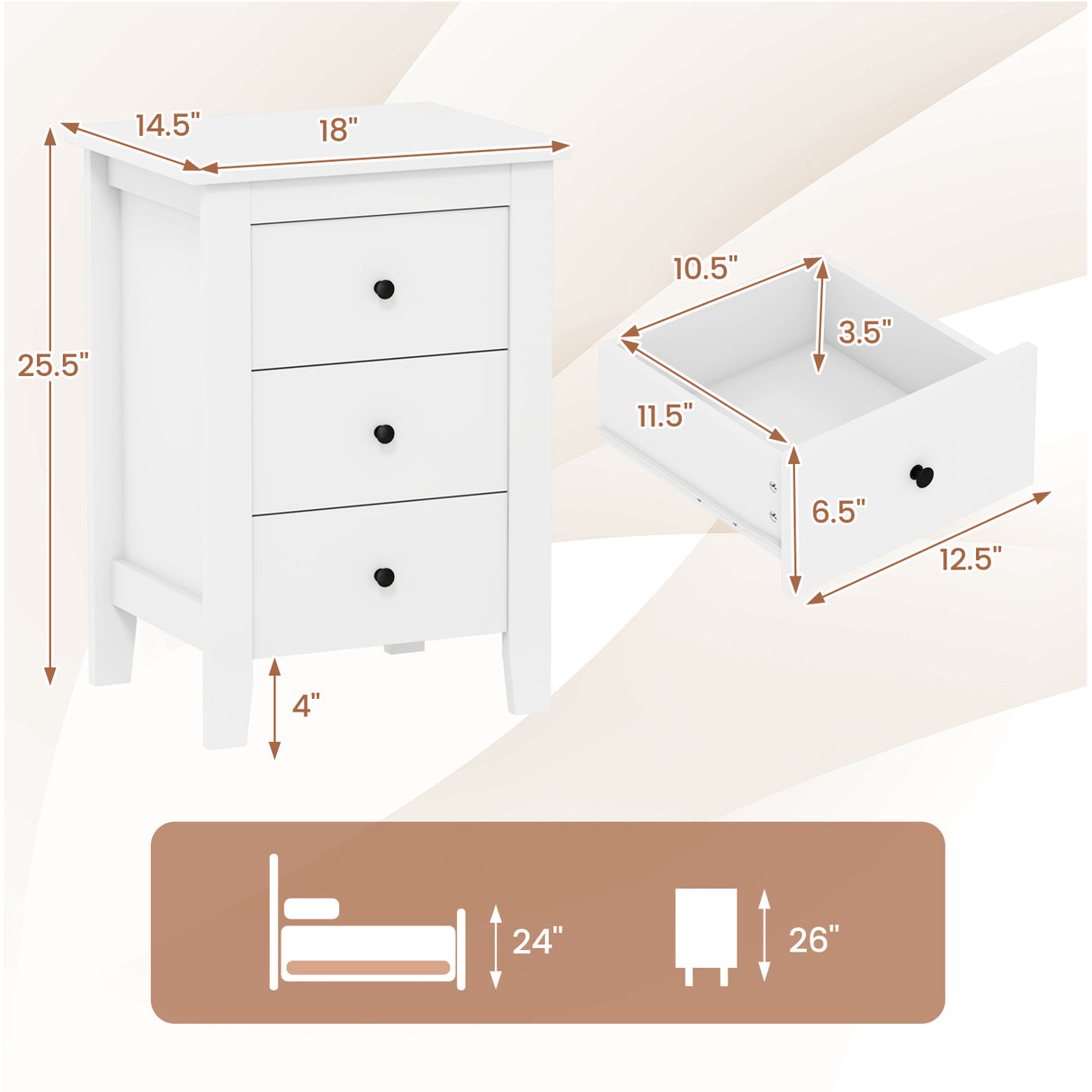 Set of 2 Nightstand End Beside Table Drawers