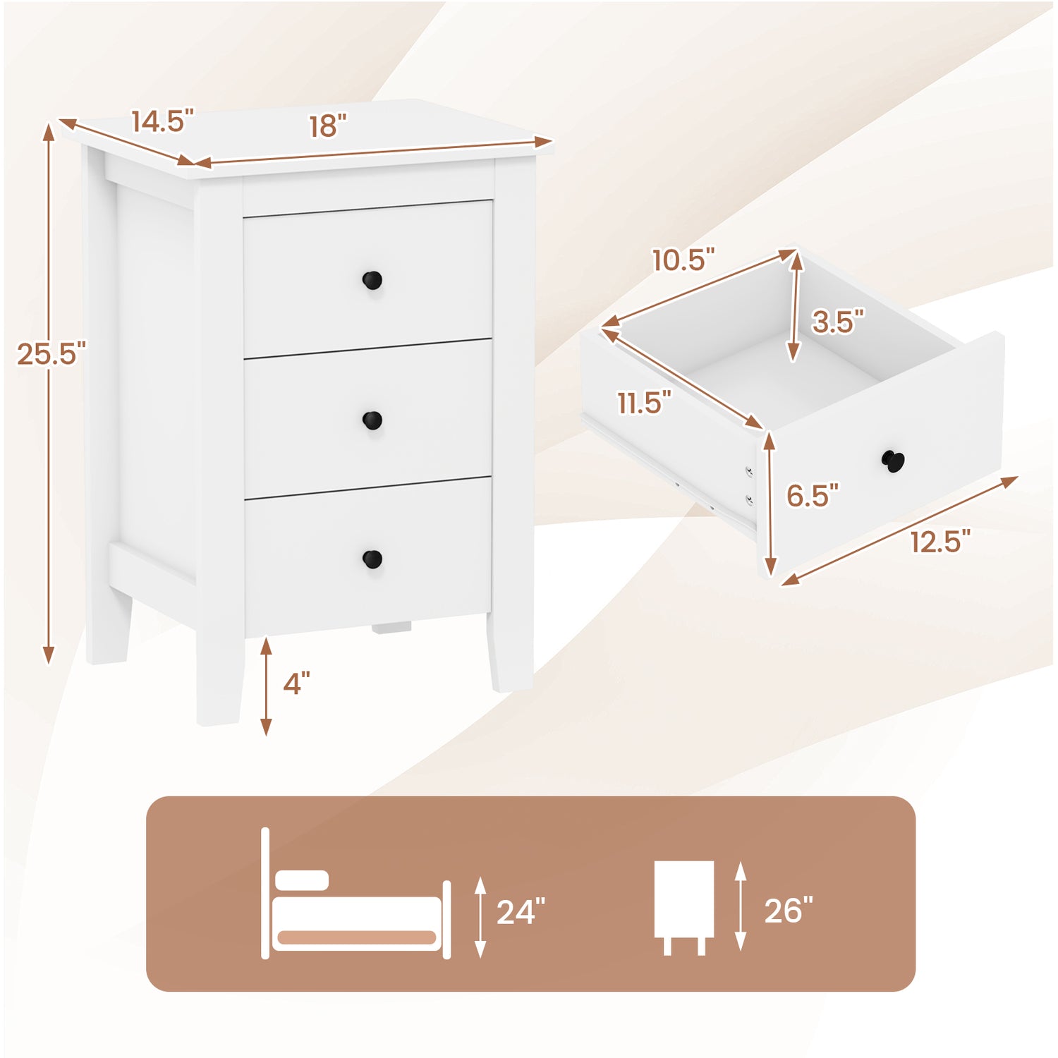 Set of 2 Nightstand End Beside Table Drawers