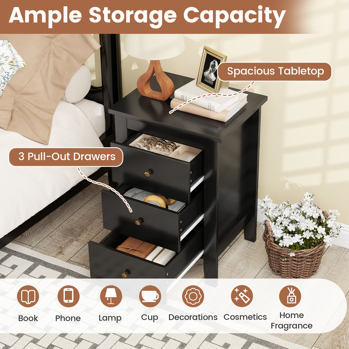 Set of 2 Nightstand End Beside Table Drawers