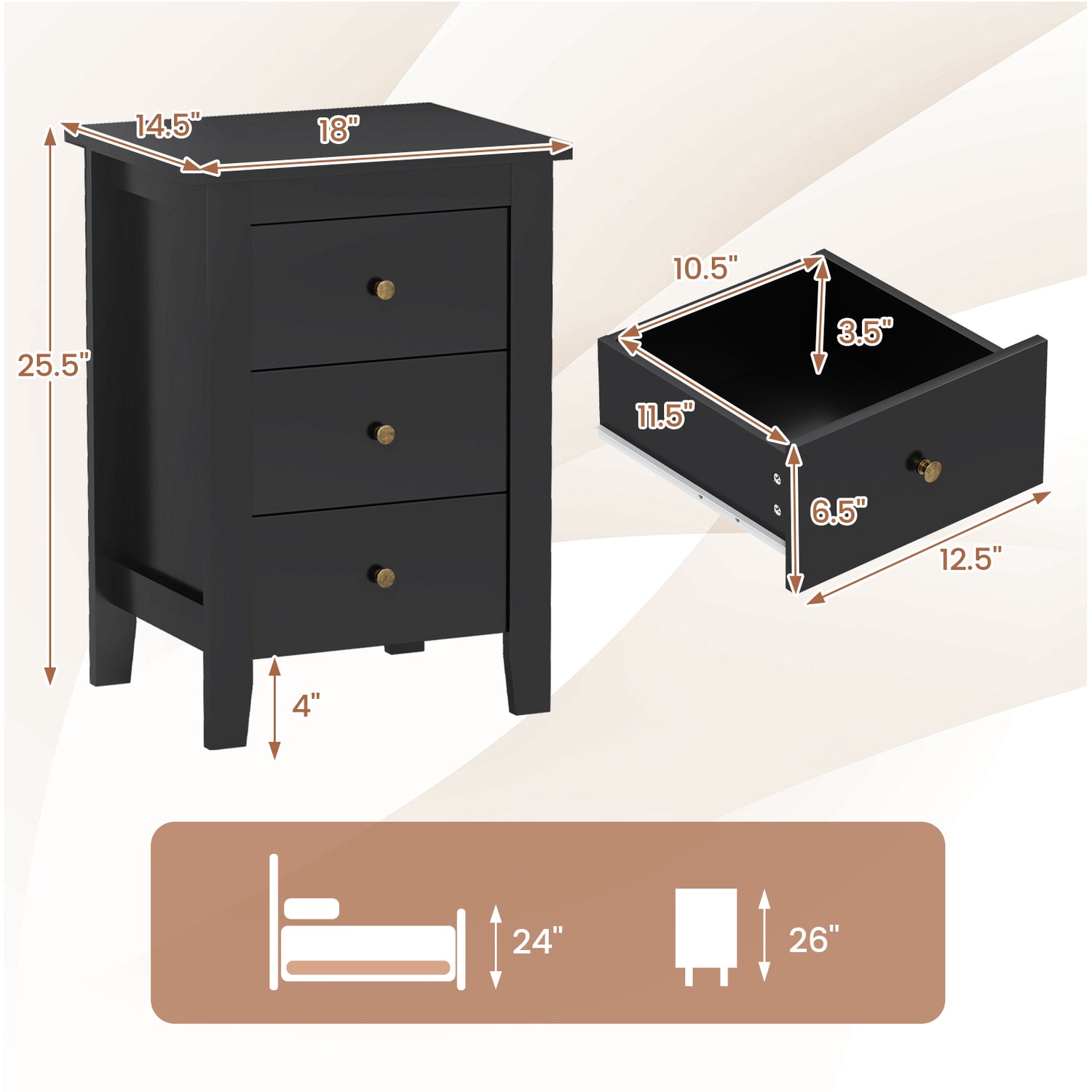 Set of 2 Nightstand End Beside Table Drawers