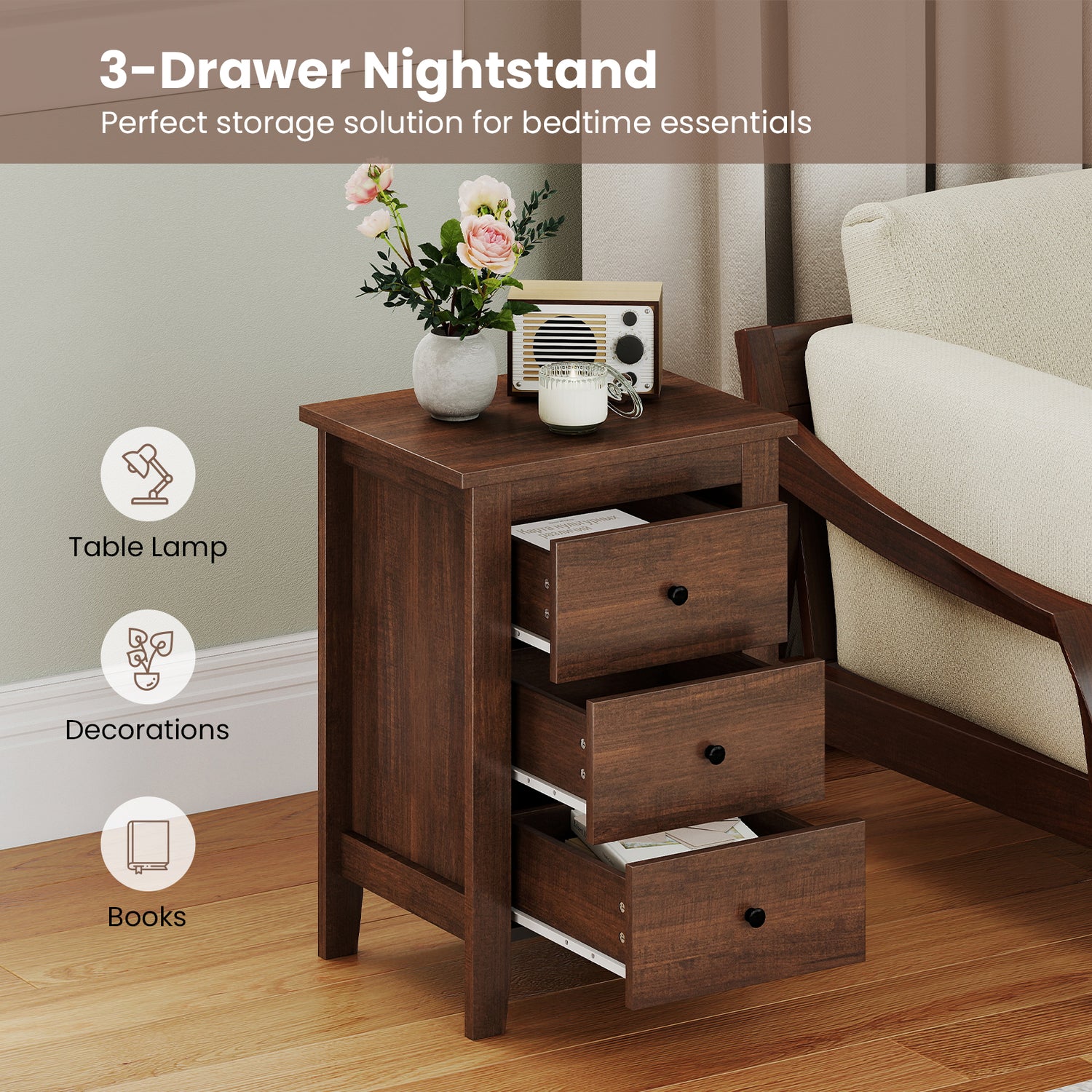 Set of 2 Nightstand End Beside Table Drawers