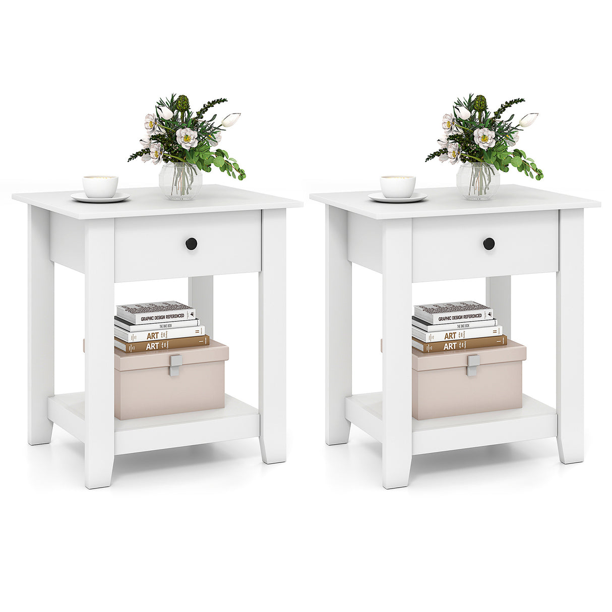 Set of 2 Nightstand with Drawer 3-Tier Modern Bedside Table with Open Shelf and Storage