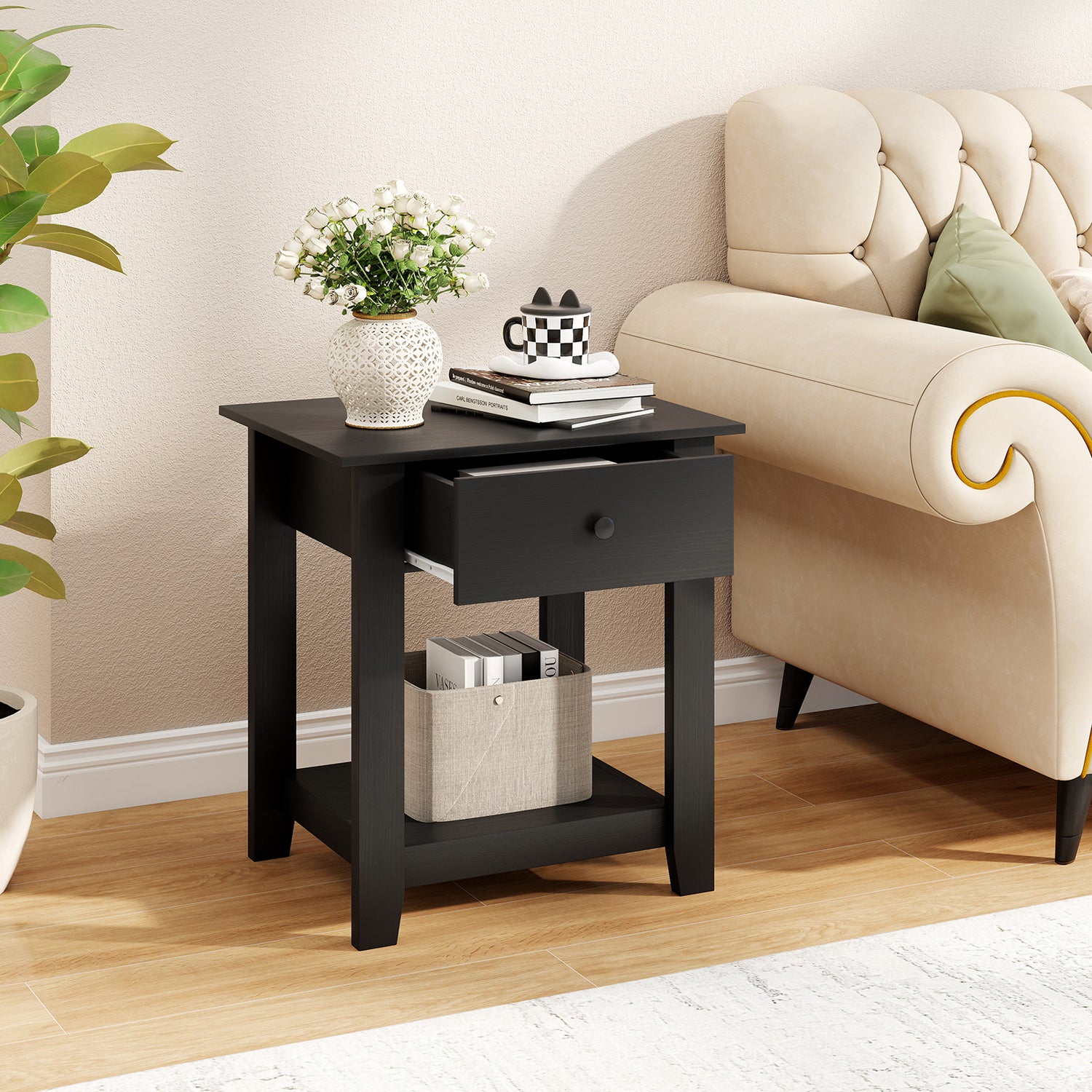 Set of 2 Nightstand with Drawer 3-Tier Modern Bedside Table with Open Shelf and Storage